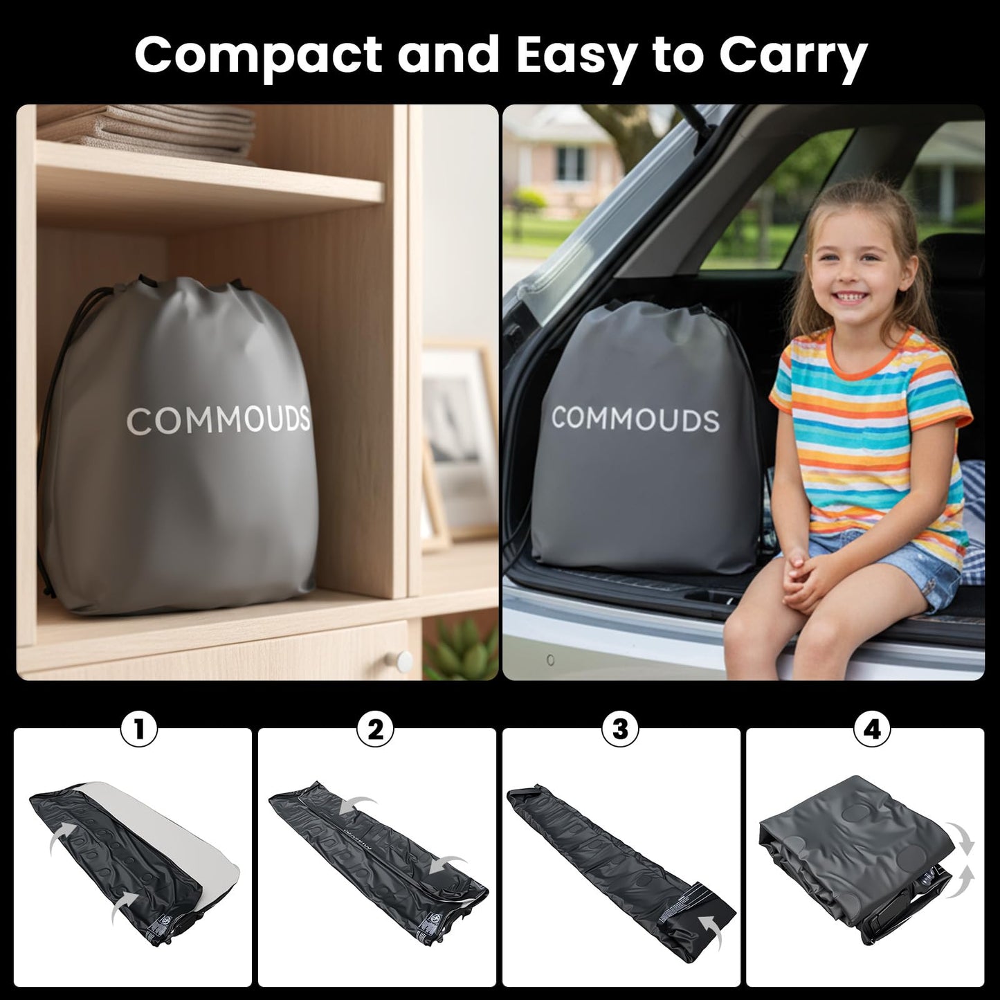 COMMOUDS Queen Air Mattress with Built-in USB Rechargeable Air Pump, Camping Blow up Mattress, Portable Inflatable Mattress, Air Bed for Outdoor, Travel, Home and Guest, 8" Raised