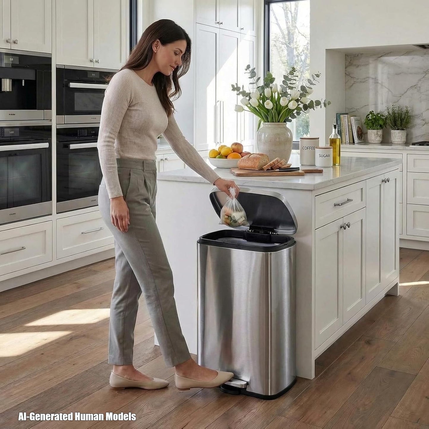 8 Gal Kitchen Trash Can, 30L Recycling or Garbage Bin, Brushed Stainless Steel Waste Basket, Soft&Quiet Close Dustbin, with Step-On Pedal, Removable Inner Bucket, for Home, Office, Living Room