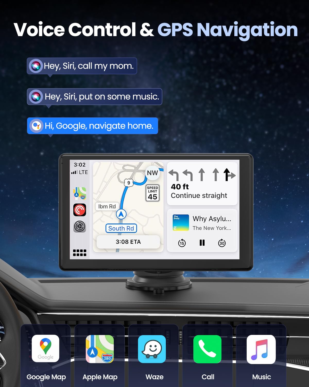 VyKure Portable Carplay Screen for Car 5K Dash Cam, 9" Wireless CarPlay & Android Auto Car Audio Receivers with 1080p Backup Camera, Bluetooth/GPS Navigation/Voice Control/Mirror Link (Black)