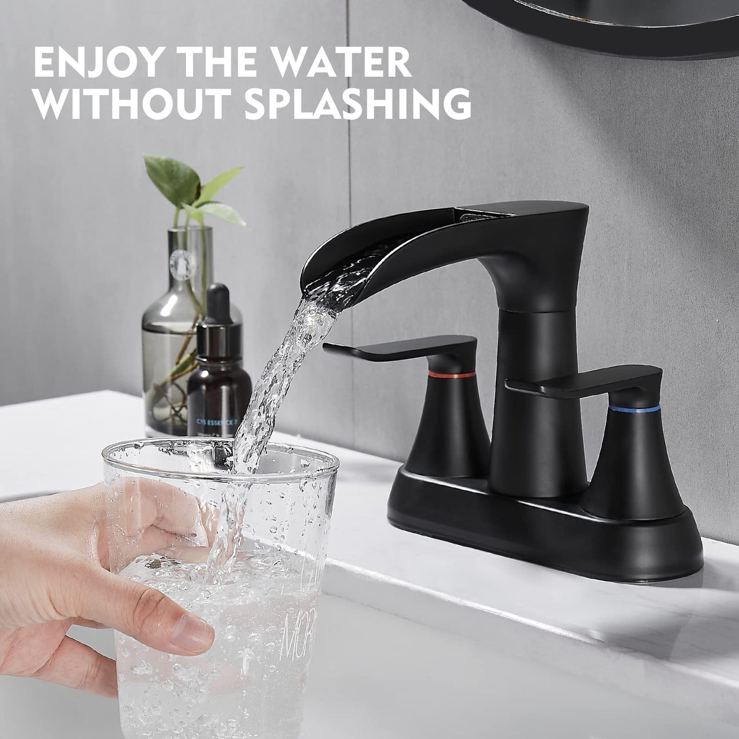 YUNDOOM Bathroom Faucet, 4 Inch Centerset, Waterfall, 2 Handle, Matte Black, 3 Hole, 360 Degree Swivel Spout, Pop Up Drain Included