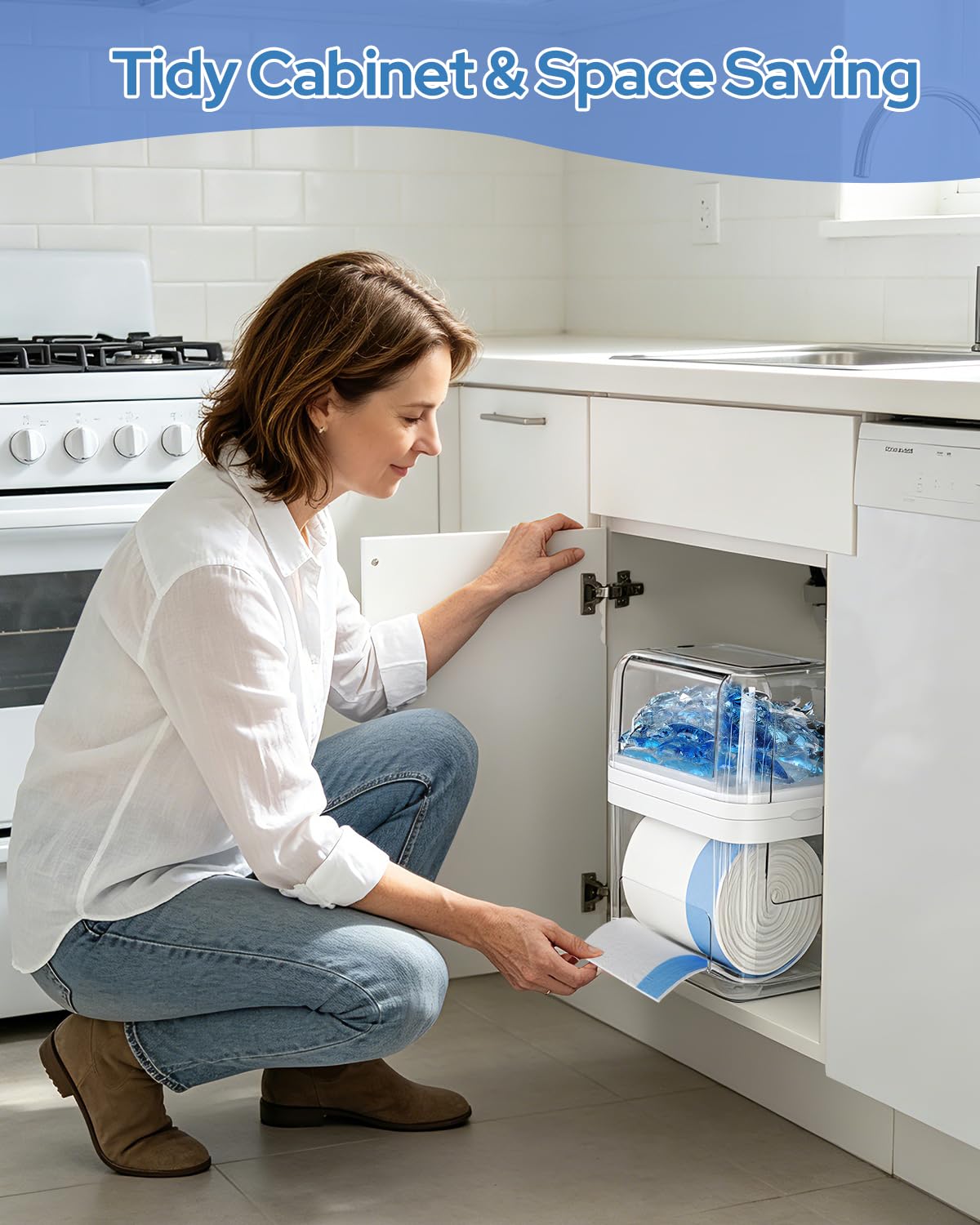 YGKATING Trash Bag Dispenser & Dishwasher Pods Container, 3 in 1 Clear Acrylic Garbage Bags Holder Under Sink Organizer Laundry Pods Dishwasher Tabs Storage Box for Laundry Room and Kitchen Cabinet
