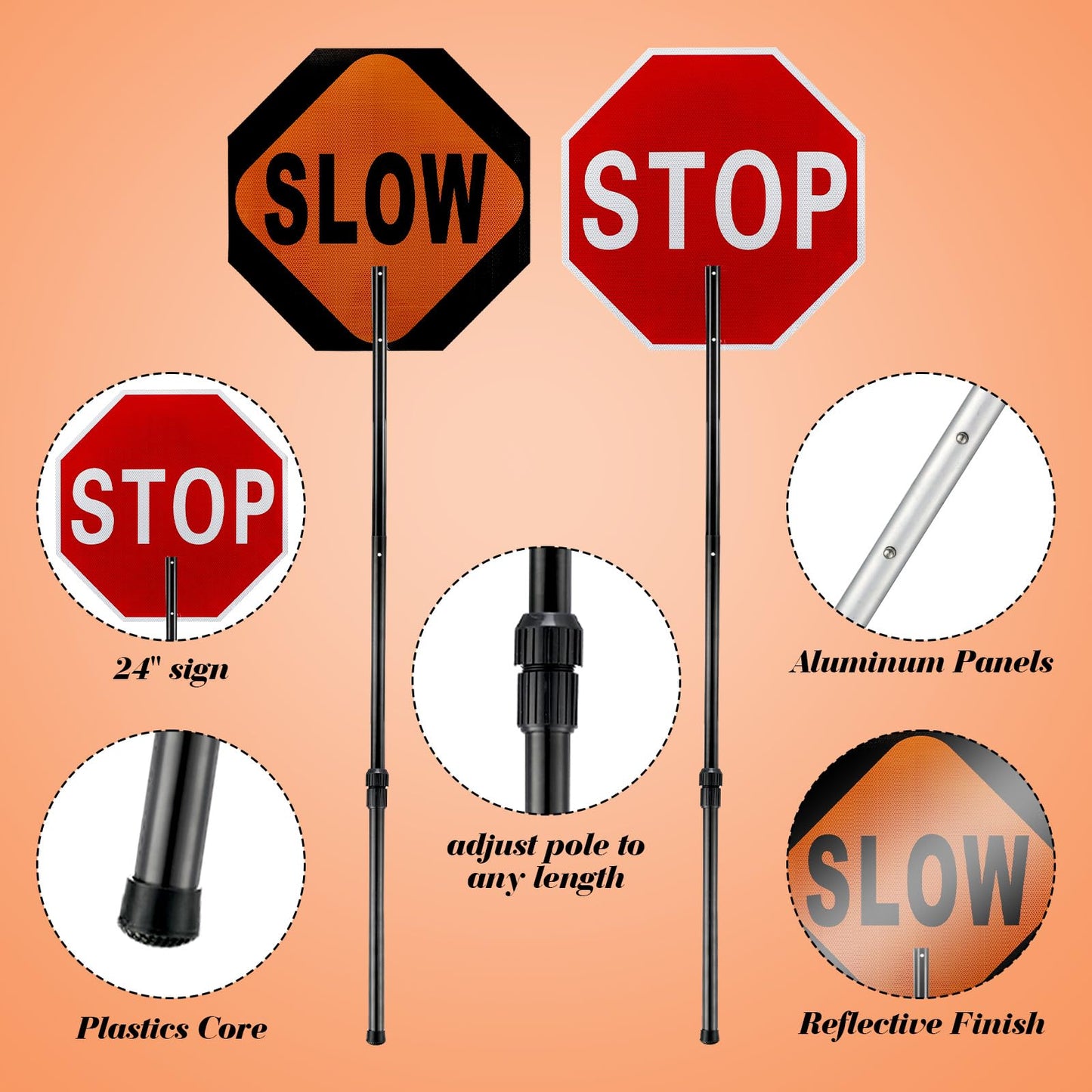Kanayu 1 Pcs 24x24inch Flagger Helper Slow Stop Paddle Signs with Telescopic Stretchable Staff Double Sided Stop/slow Paddle Honeycomb Reflective Signs for Road Traffic Construction (60 Inch)