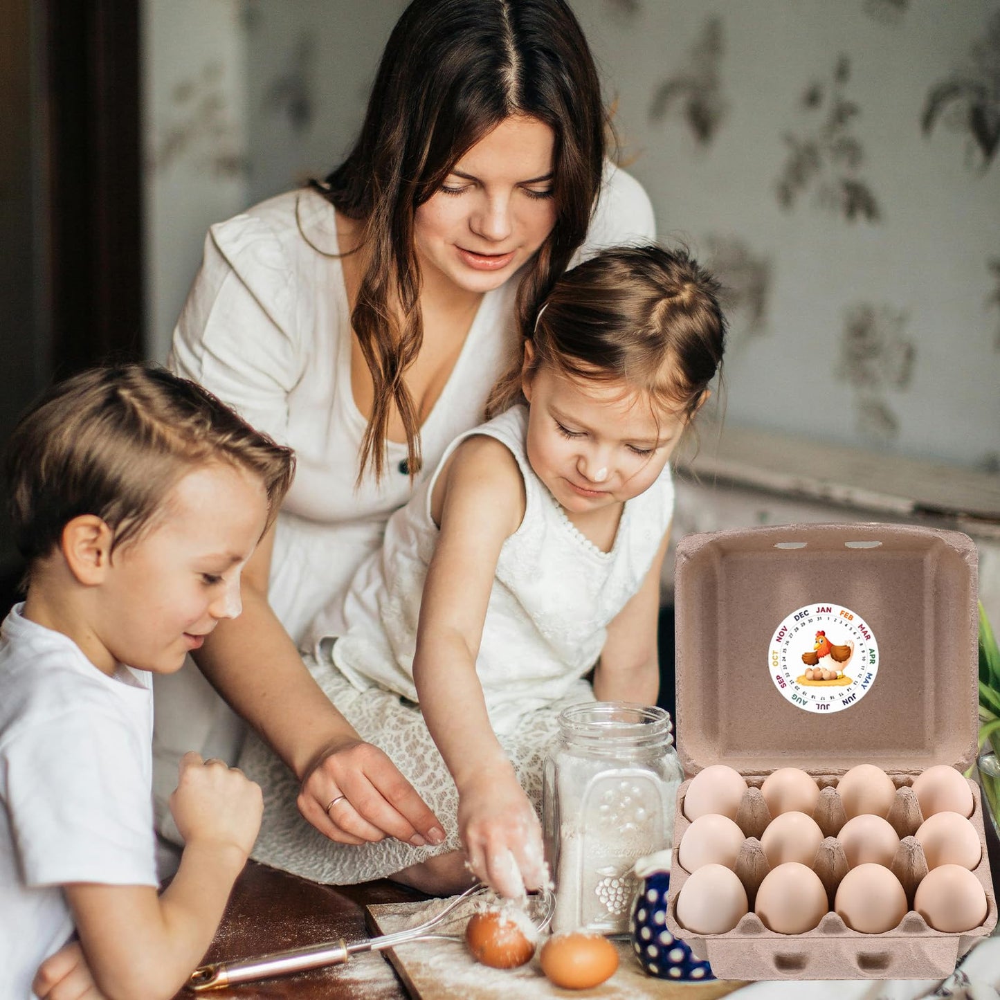 LayHyand 50 Pcs Vintage Egg Cartons with Labels, Square Dozen Egg Basket Blank Natural Paper Pulp, Classical 3x4 Style Holds Up to One Twelve 12 Count Chicken Eggs, Sturdy Eggs Box with Stickers