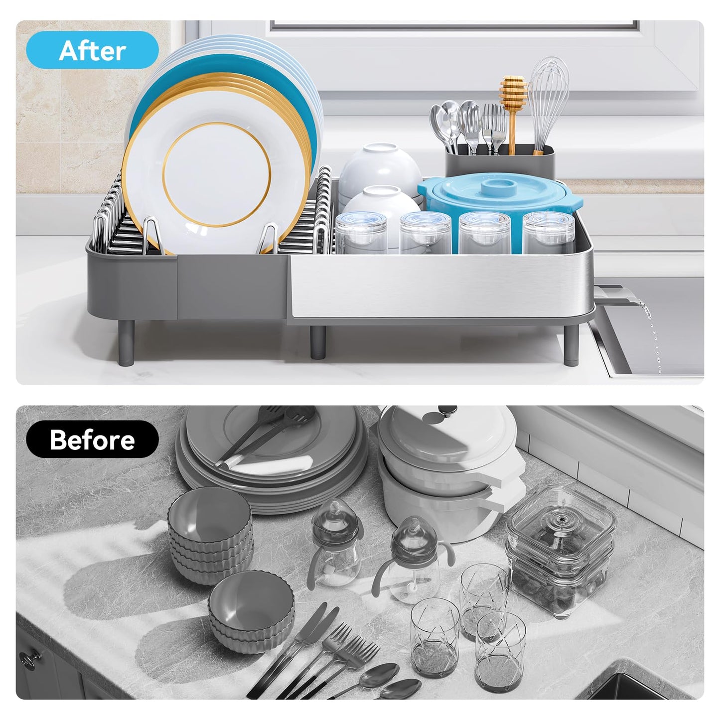 Urackify Dish Drying Rack - Dish Drainer for Kitchen Counter, Stainless Steel Dish Rack with Swivel Draining Spout & Drain Board, Expandable Space-Saving Kitchen Dish Organizer for 3-4 People, Grey