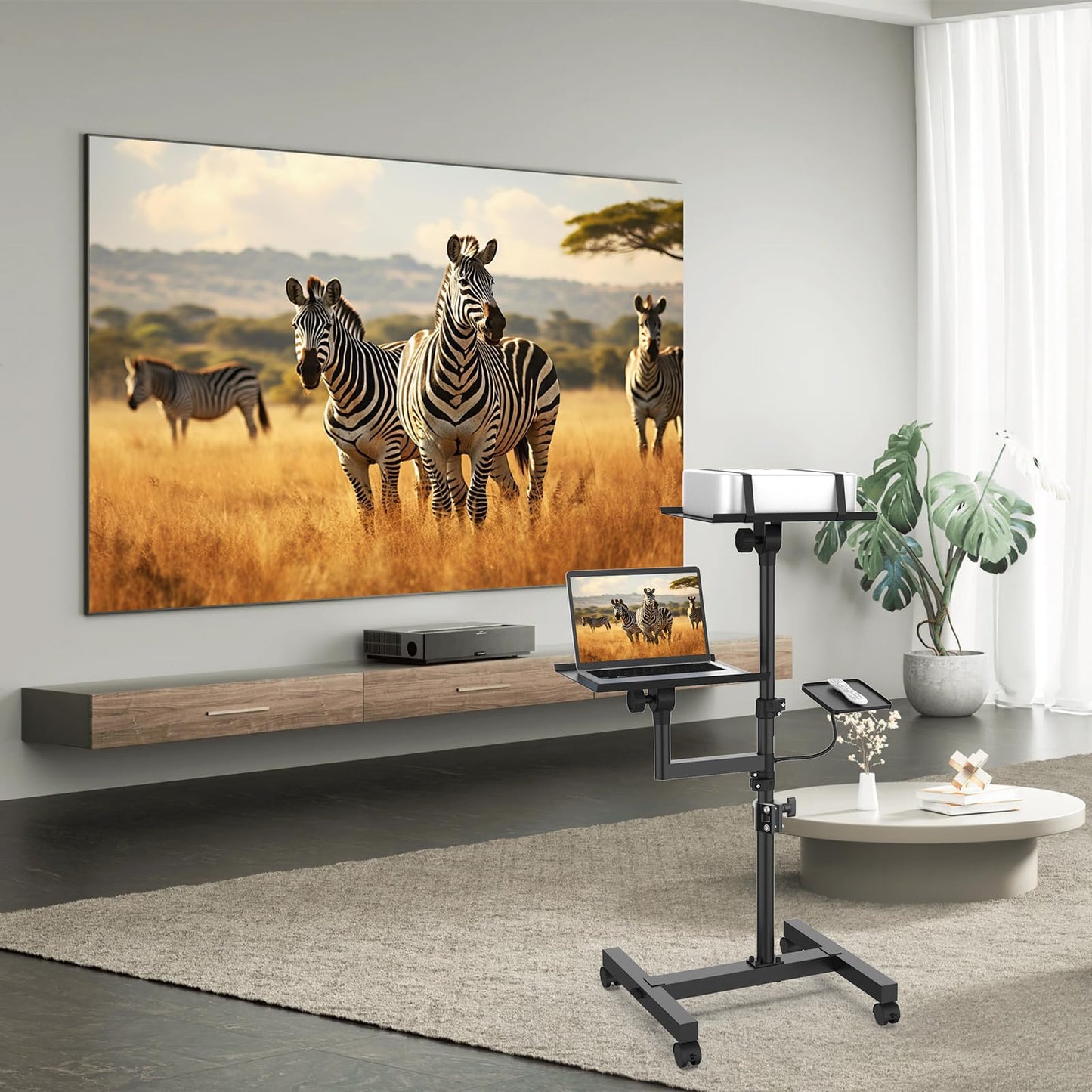 GSOW 2 Shelves Projector Stand, Height Adjustable to 47 Inches, Mobile Laptop Cart on Wheels, Heavy Duty Projector Tripod Stand, Rolling Laptop Floor Stand for Bedside, Office, Home, Game Room