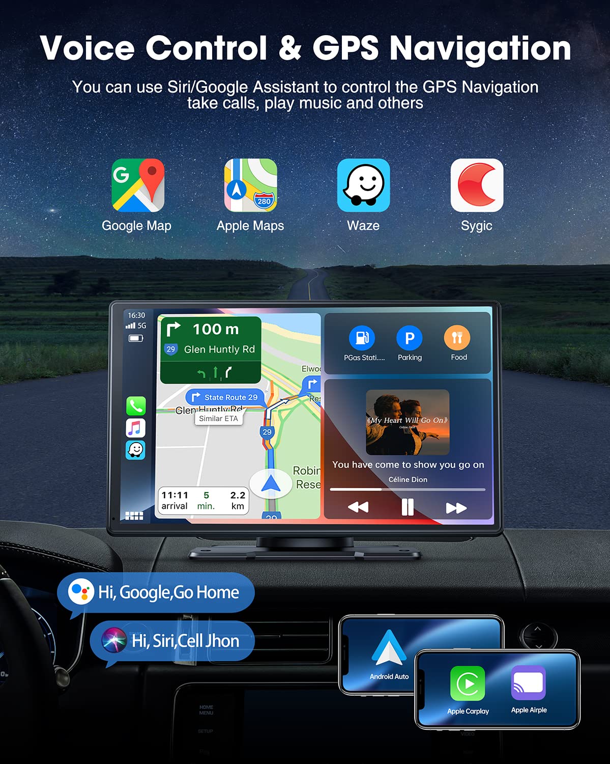 LAMTTO 9 Inch Wireless Car Stereo with Apple Carplay & Android Auto,Portable Touch Screen GPS Navigation for Car,Car Audio Receivers with Bluetooth,Airplay,AUX,Screen for All Vehicles