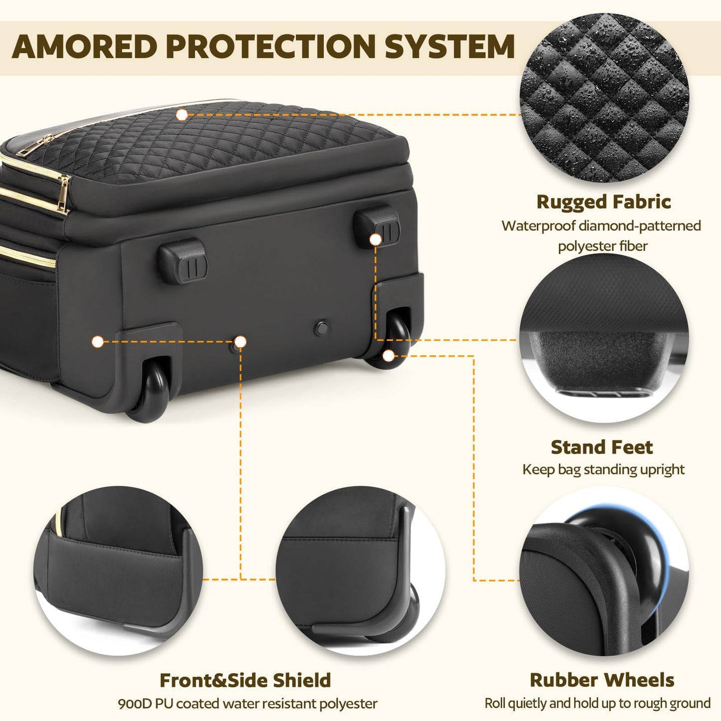 Arcoyard Small Rolling Backpack for Women, Lightweight Travel Backpack with Wheels, Roller Backpack for Adults, Water Resistant Rolling Laptop Bag, Wheeled Underseat Carry On Luggage, Black Gold