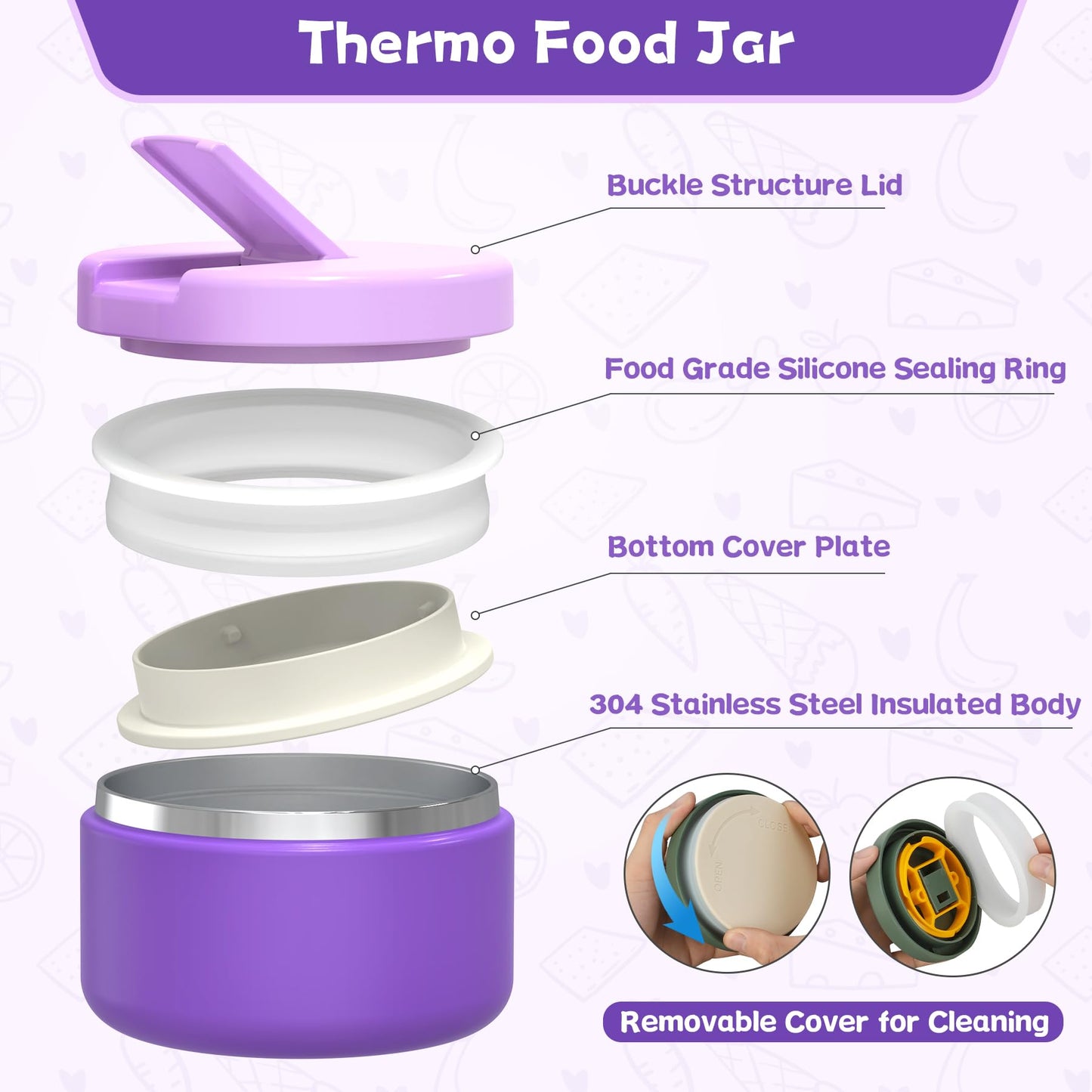 Aimsnk Kids Bento Lunch Box with 8oz Soup Thermo, Kids Leakproof Lunch Food Containers with 4 Compartment,Insulated Hot Food Jar with Lunch Bag for School, Travel (Purple)