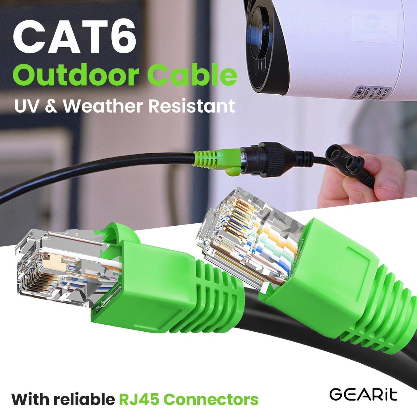 GearIT RJ45 Cat-6 Ethernet Patch Cable, 10Gpbs Transfer Speed, Gold-Plated Connectors, Copper Clad, Outdoor, UV Resistant, Direct Burial, Waterproof, Durable, 150 Foot (45.7 Meters), Black