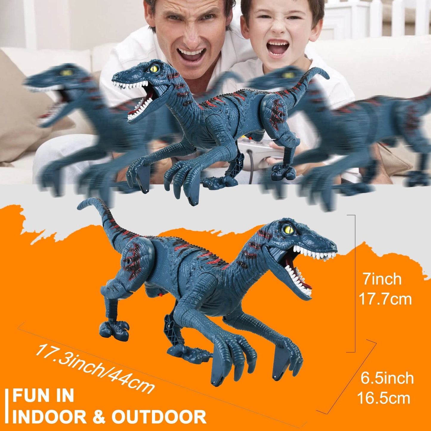 APOBATK Remote Control Velociraptor Toy - Realistic Walking Dinosaur with Lights & Sounds - STEM Toy for Boys Ages 5-7 & 8-12 Blue