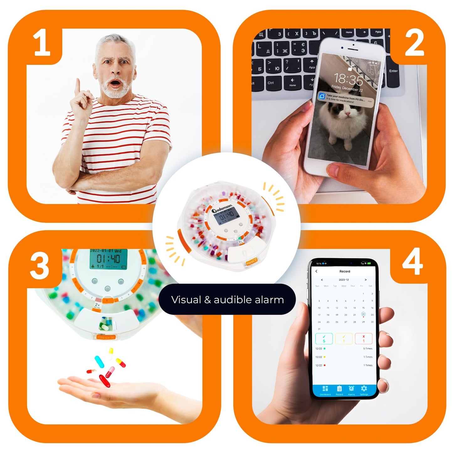 Adamson TimelyMed Smart Pill Dispenser with Alarm - WiFi App Monitoring - 28-Day Automatic Medicine Dispenser for Elderly & Alzheimer’s Care - Lock Key - New Version