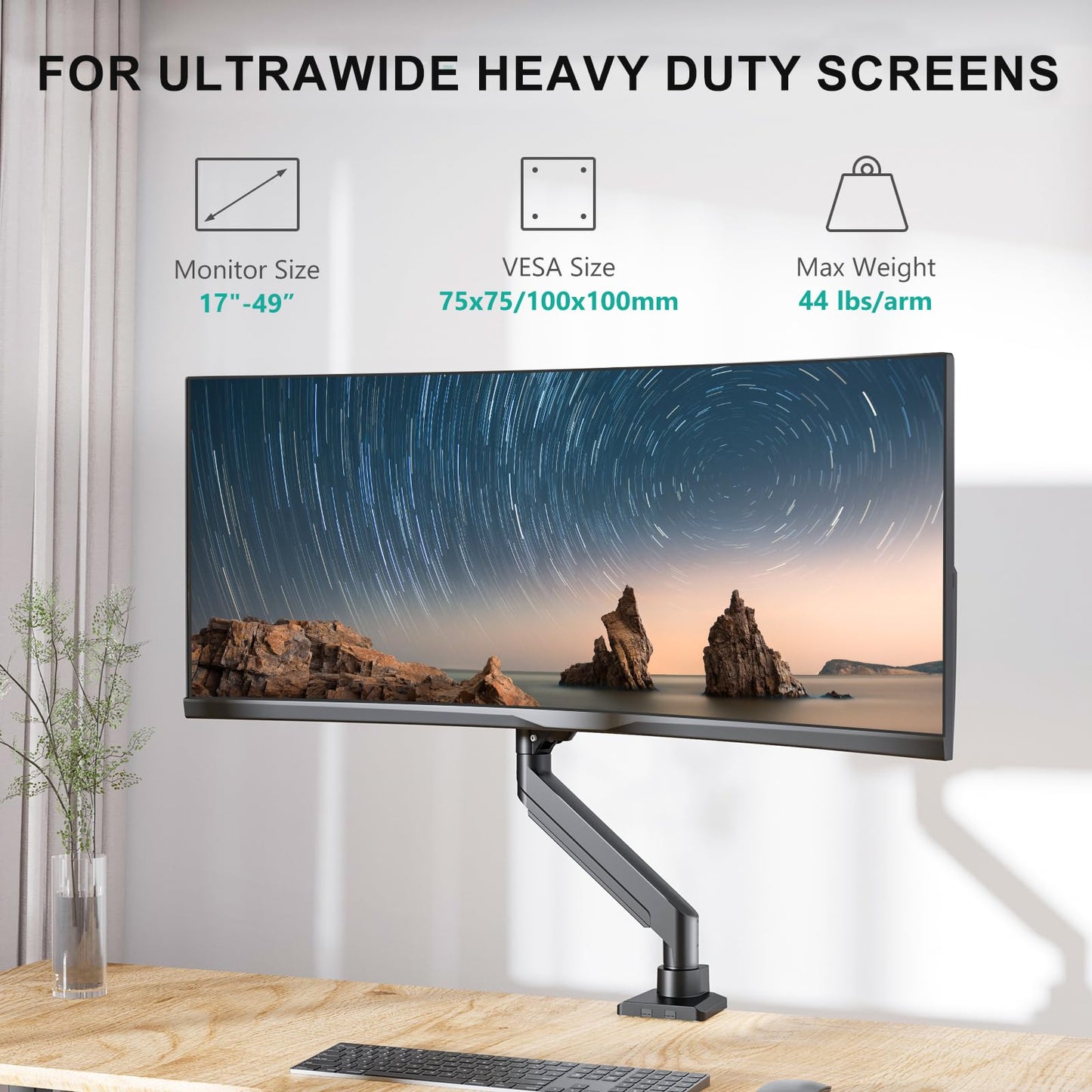WALI Ultrawide Monitor Arm for 17-49 Inch Heavy Duty Curved Screens, Holds up to 44 Lbs, Adjustable Gas Spring Single Monitor Desk Mount with C-Clamp, Grommet Base, 75/100mm VESA, (GSM001XL), Black