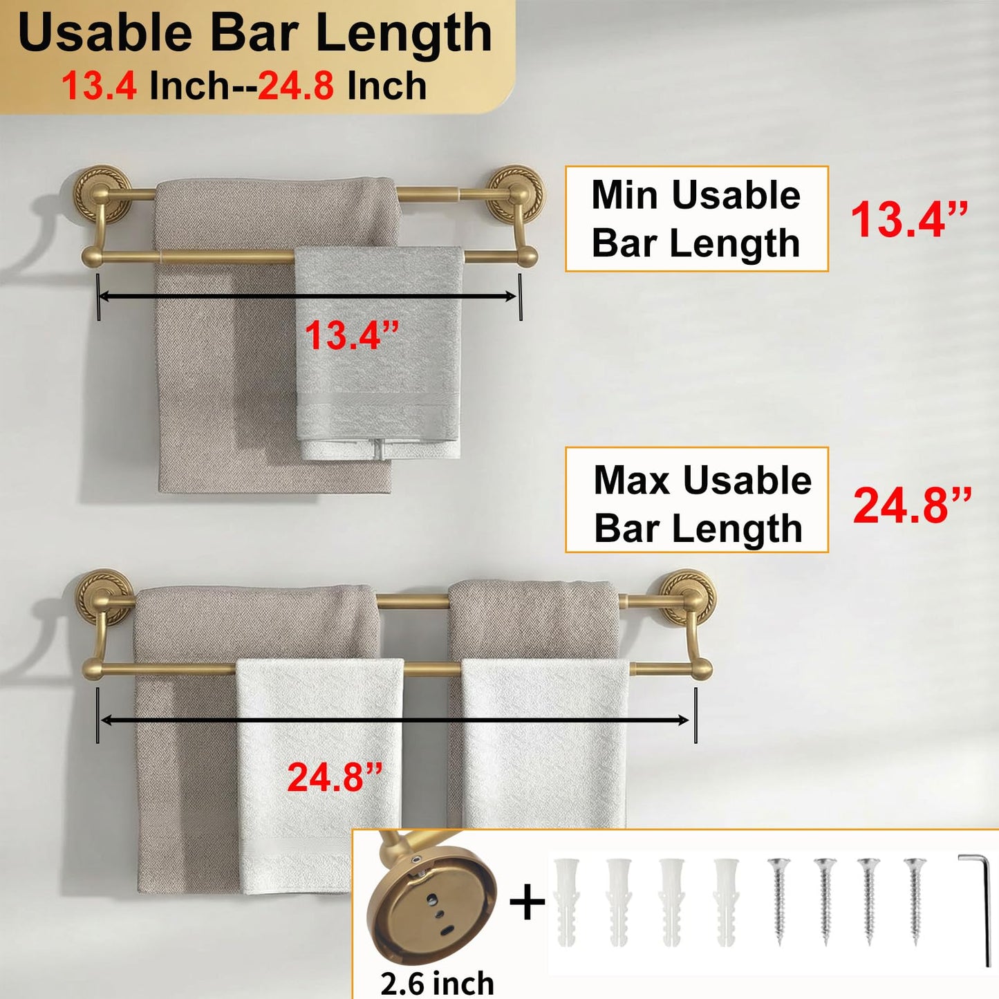 Double Towel Bar, Antique Brass Bathroom Towel Racks Wall Mounted, Adjustable Vintage Gold Towel Bar Fits 16.4 to 27.8 Inch Wall Space, Heavy Duty Rustproof Brass Towel Rod Holder for Kitchen Laundry