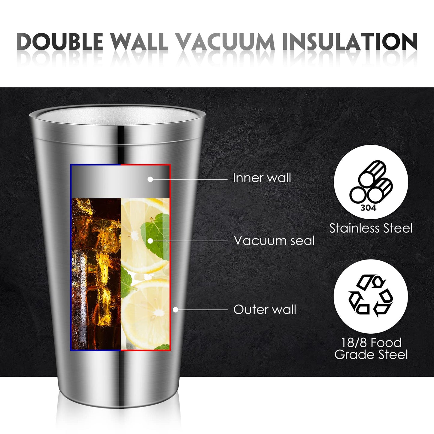 8 Pack Stainless Steel Cups 16 Oz, Double Wall Vacuum Pint Cup Tumbler, Stackable Metal Unbreakable Drinking Glasses for Home and Outdoor
