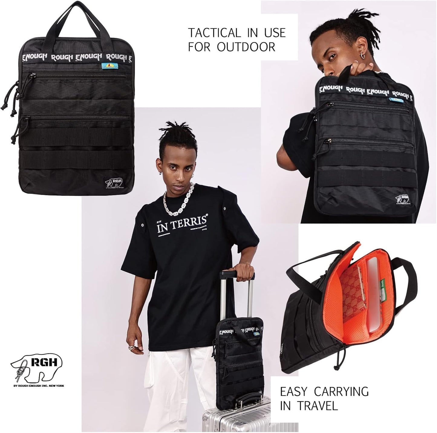 Rough Enough 14 Inch Laptop Sleeve Case Bag Tactical with Dual Compartments Luggage Strap Handle Weather Resistant for Travel Outdoor adventures Black