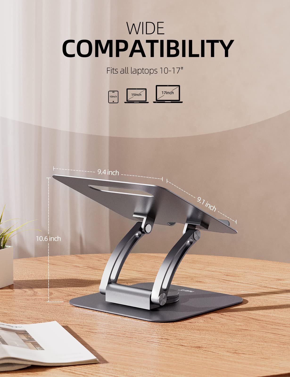Nulaxy 360° Rotating Laptop Stand for Desk, Ergonomic Notebook Riser with Adjustable Swivel Base Foldable Computer Holder Portable Office Accessories Compatible with All 10-17" Laptops