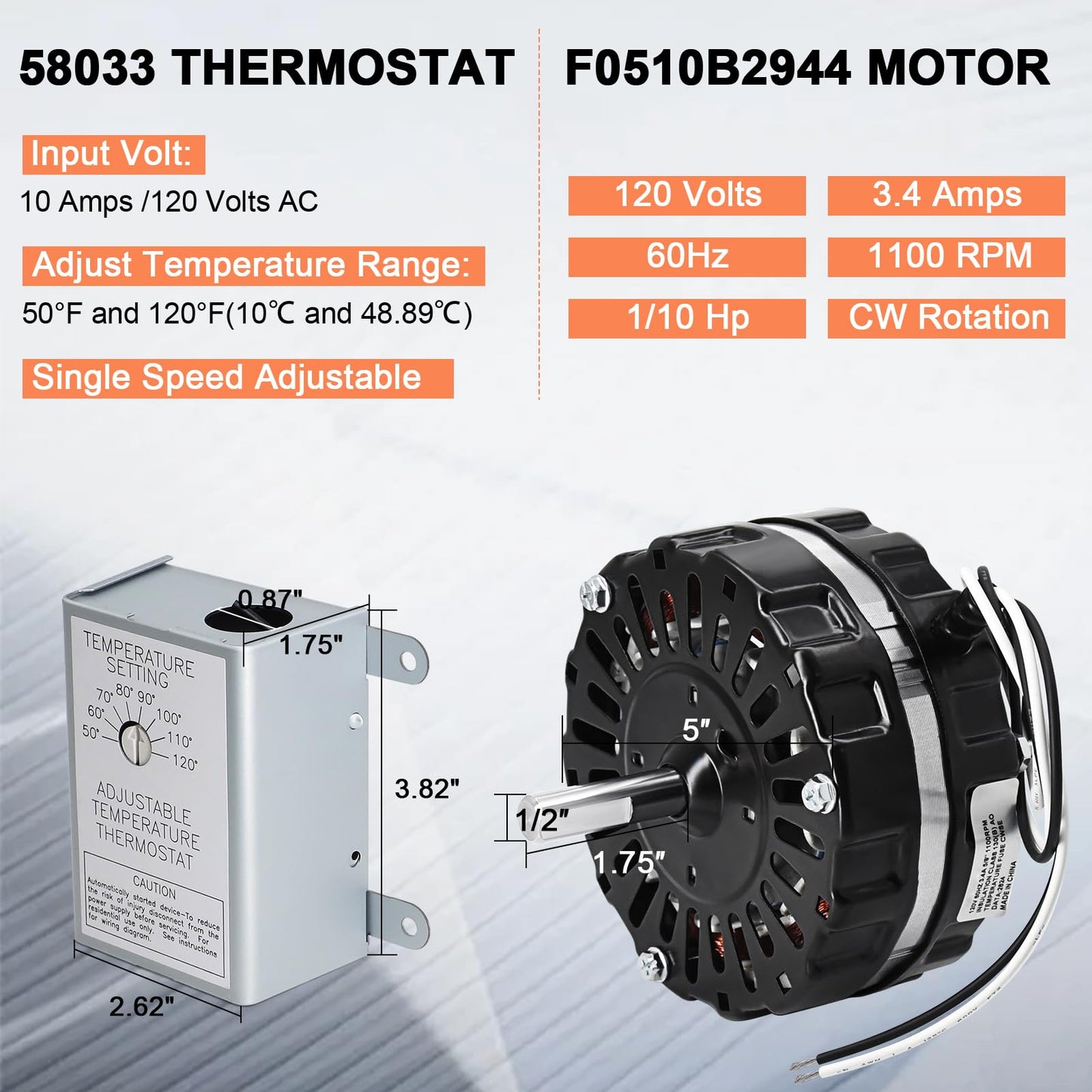 Hiorucet F0510B2944 Attic Fan Motor with 120V Adjustable Thermostat Switch for Power Attic Ventilators and Exhaust Fan, F0510B2497 F0510B2705 Motor for Lomanco 2000&1800, 58033 Temperature Controller.