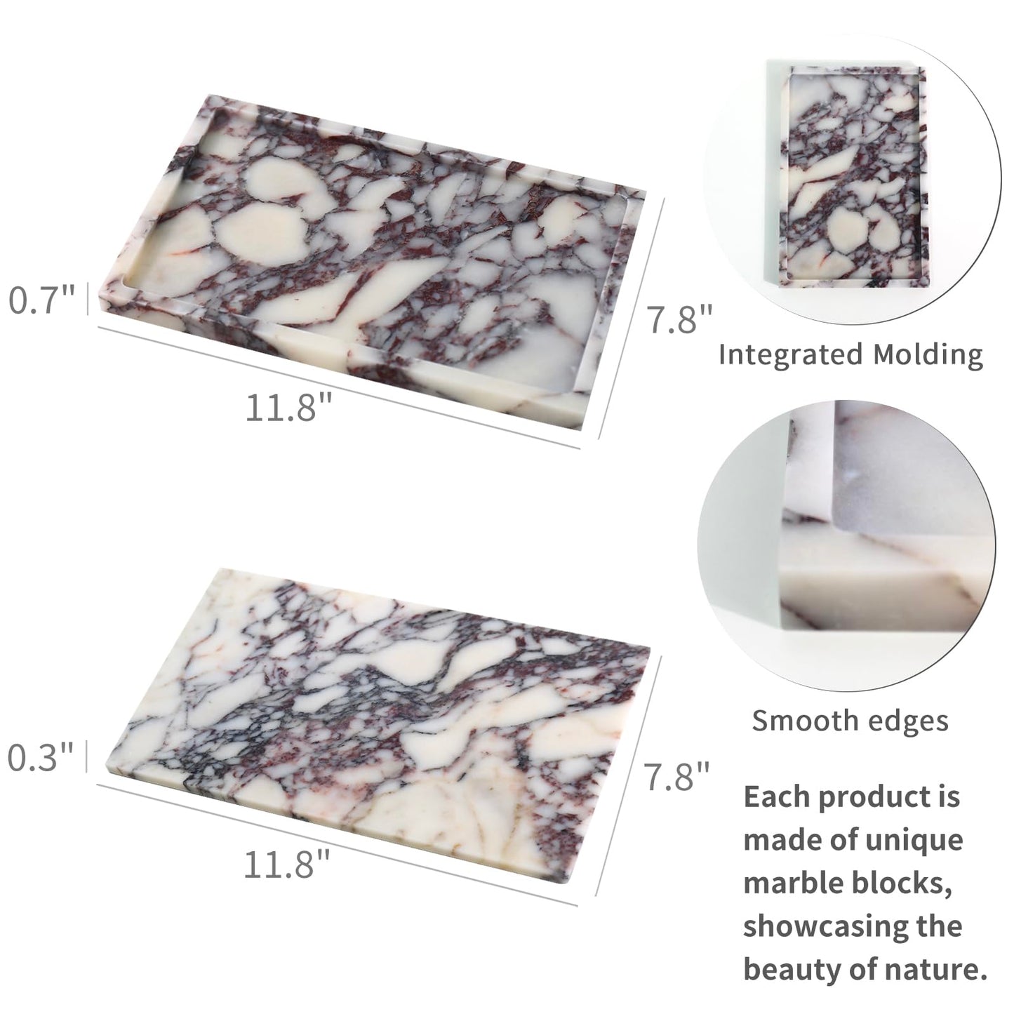 Real Luxurious Natural Marble Vanity Tray Genuine Marble Storage Tray for Home Decor Stone Tray for Bathroom/Kitchen/Vanity/Dresser Non-Resin/Non-Ceramic/Viola Tablet Set