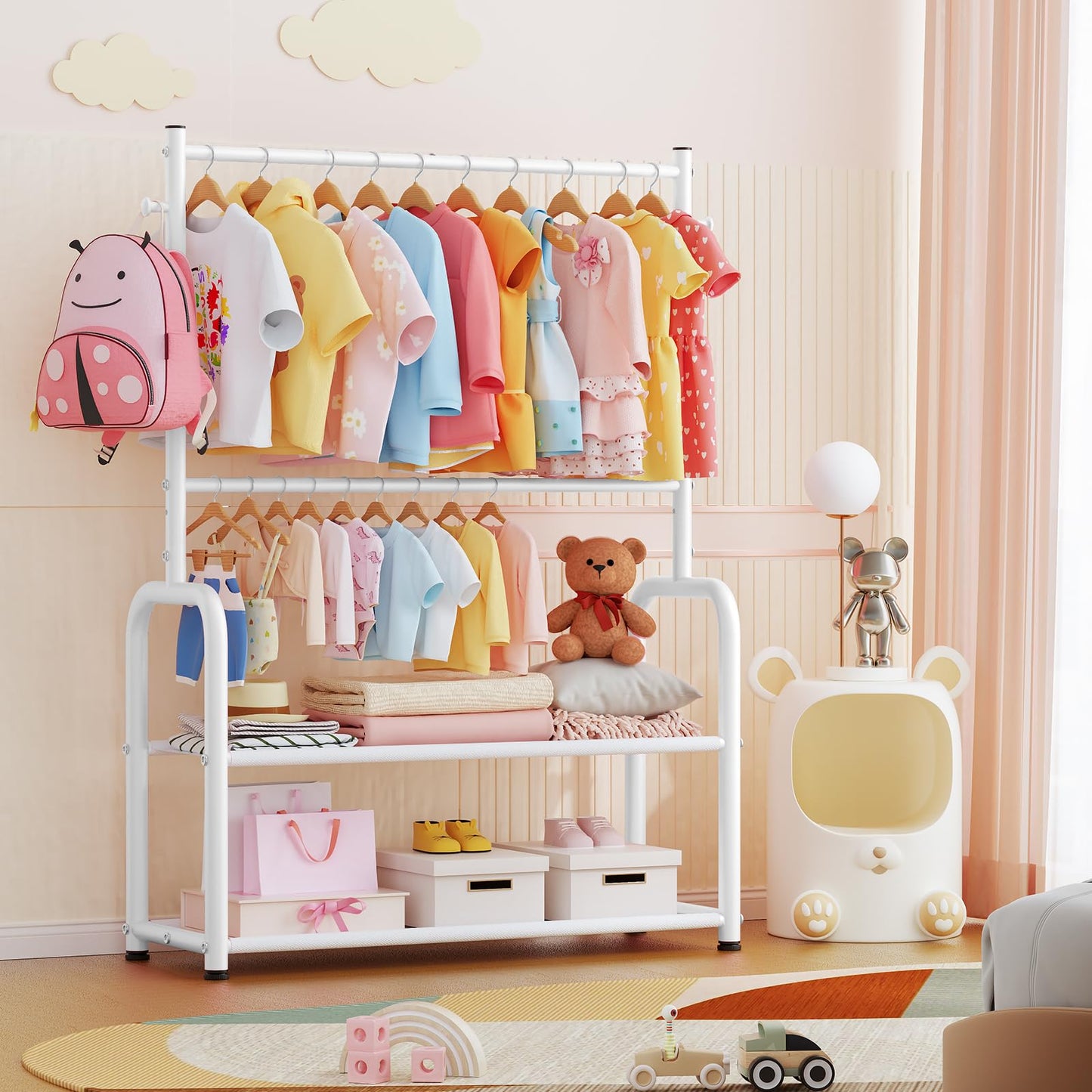 ZHKINGGS Kids Clothing Rack with 2-Layer Storage Shelf and 2 Adjustable Hanging Rods, Dress Up Rack for Hanging Clothes,Dress up Storage for Baby Toddle Kids(Classic, White)