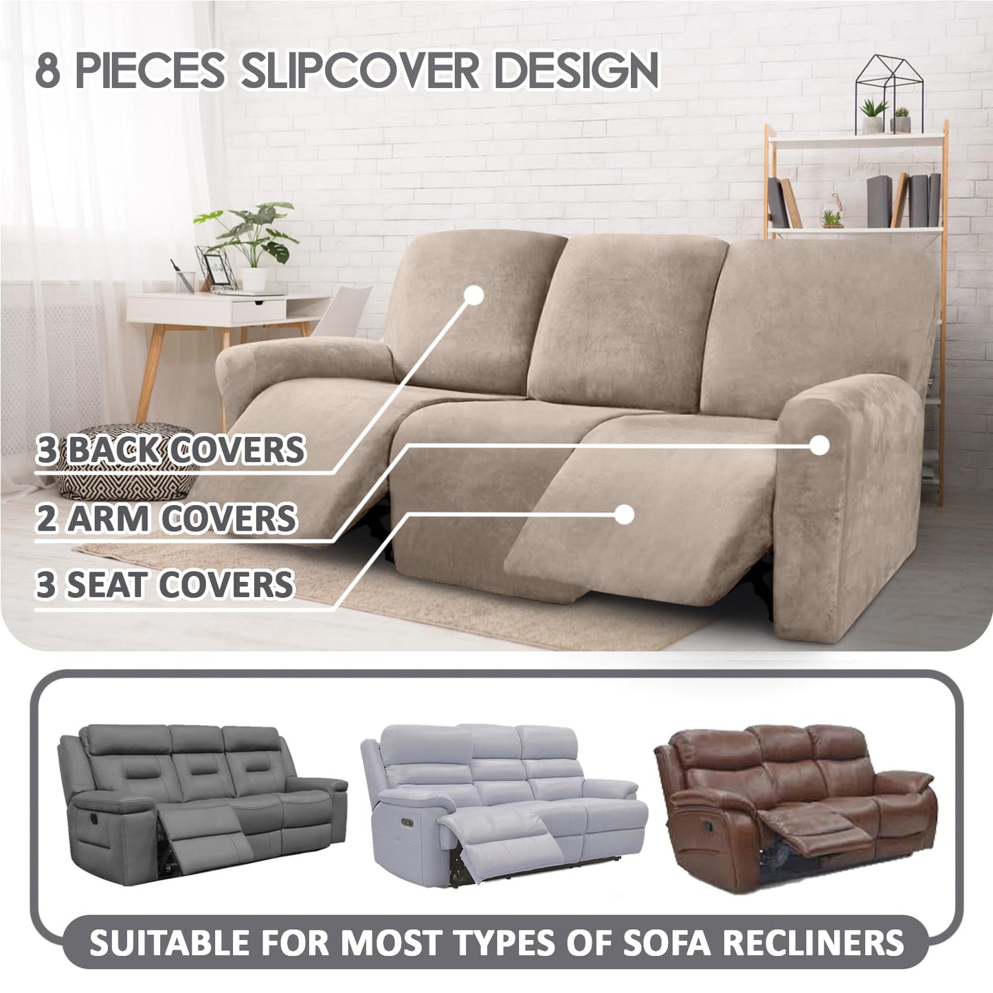 ULTICOR Velvet 8-Pieces Recliner Sofa Covers Stretch Reclining Couch Covers for 3 Cushion Reclining Sofa Slipcovers Furniture Covers Thick Soft Washable (3 Seater Recliner Cover, Taupe)