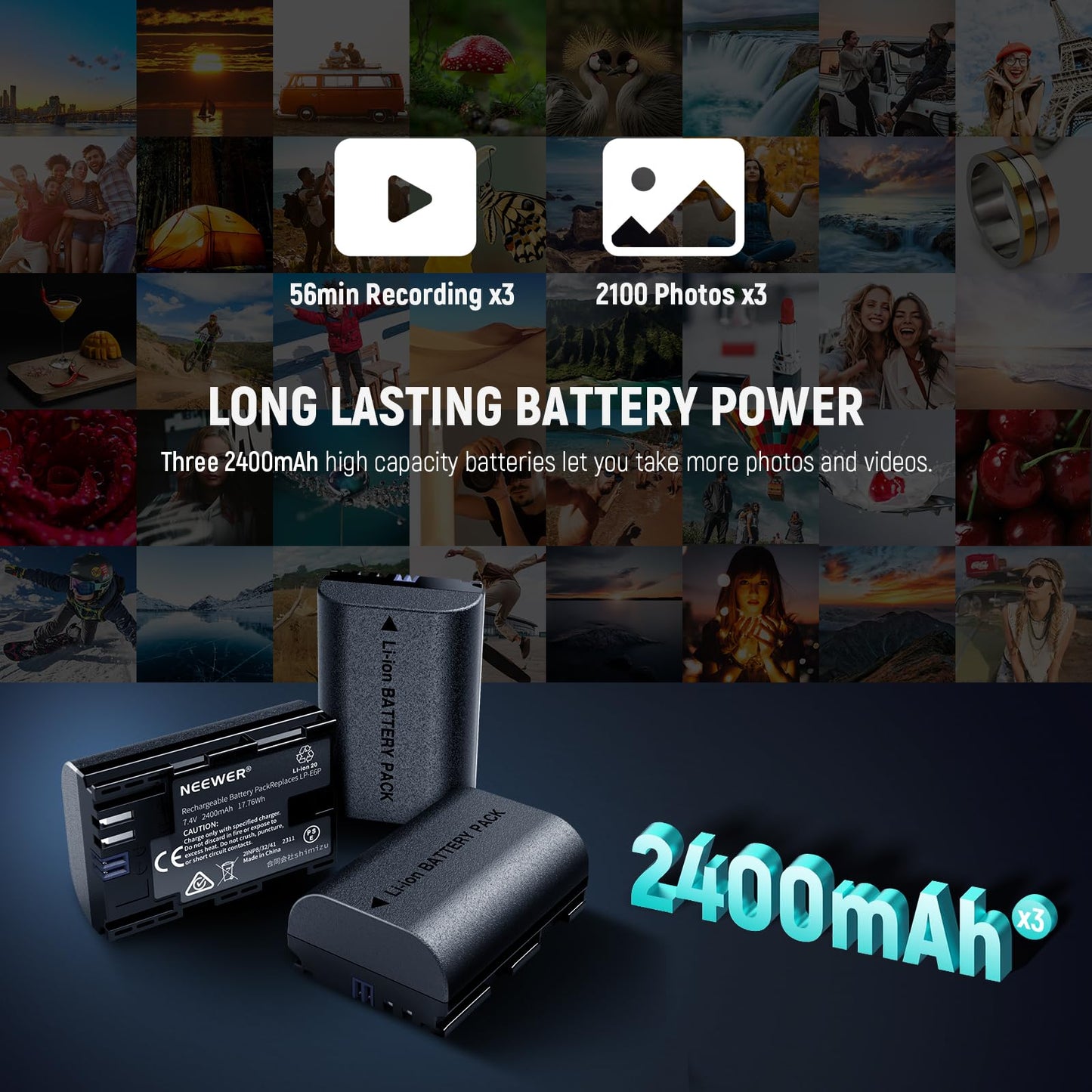 NEEWER 3 Pack 2400mAh LP-E6P/LP-E6NH/LP-E6N Replacement Battery & USB Triple Charger, Compatible with Canon EOS R5 Mark II EOS R5 EOS R6 EOS R7 EOS R 5D II III IV 6D 6D II 7D 7D II 60D 70D 80D 90D