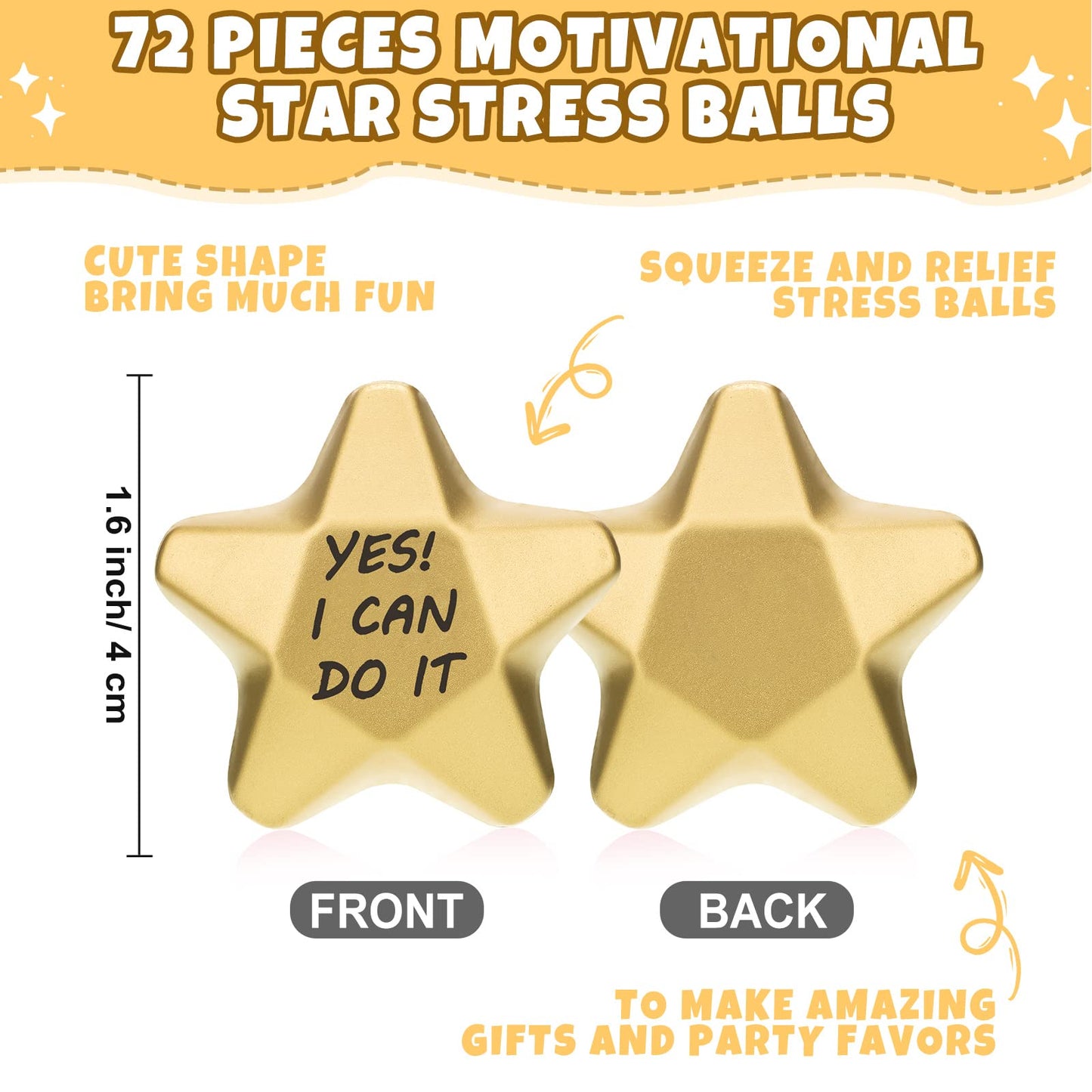 Deekin 72 Pieces 1.6 Inch Star Stress Balls Mini Foam Stress Relief Toys for Teens, Adults, Student Prizes, Party Bag Fillers(Motivational Style)