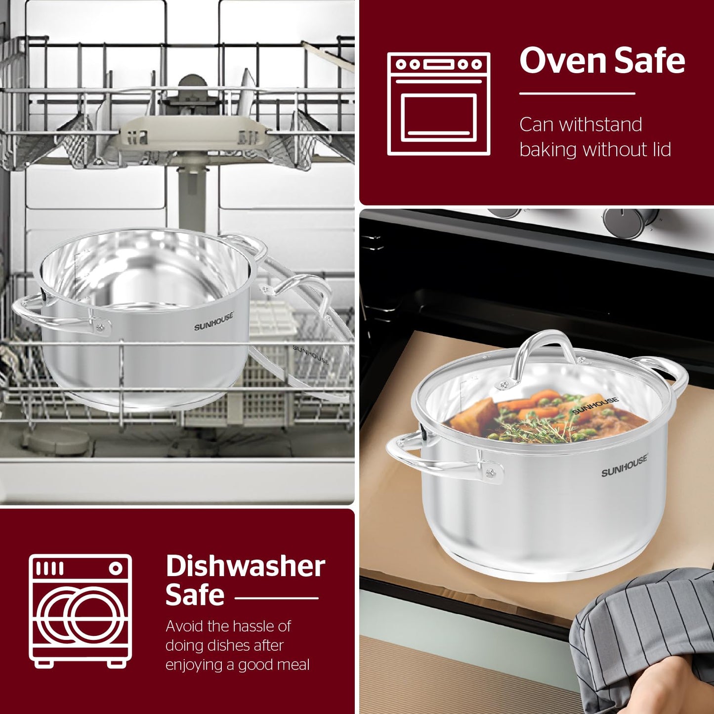 Sunhouse 8 Quart Stock Pot with Lid - 3-Ply Base Stainless Steel Cooking Pot - 8 QT Canning Dutch Oven Stock Pots - Oven Safe & Induction Cookware
