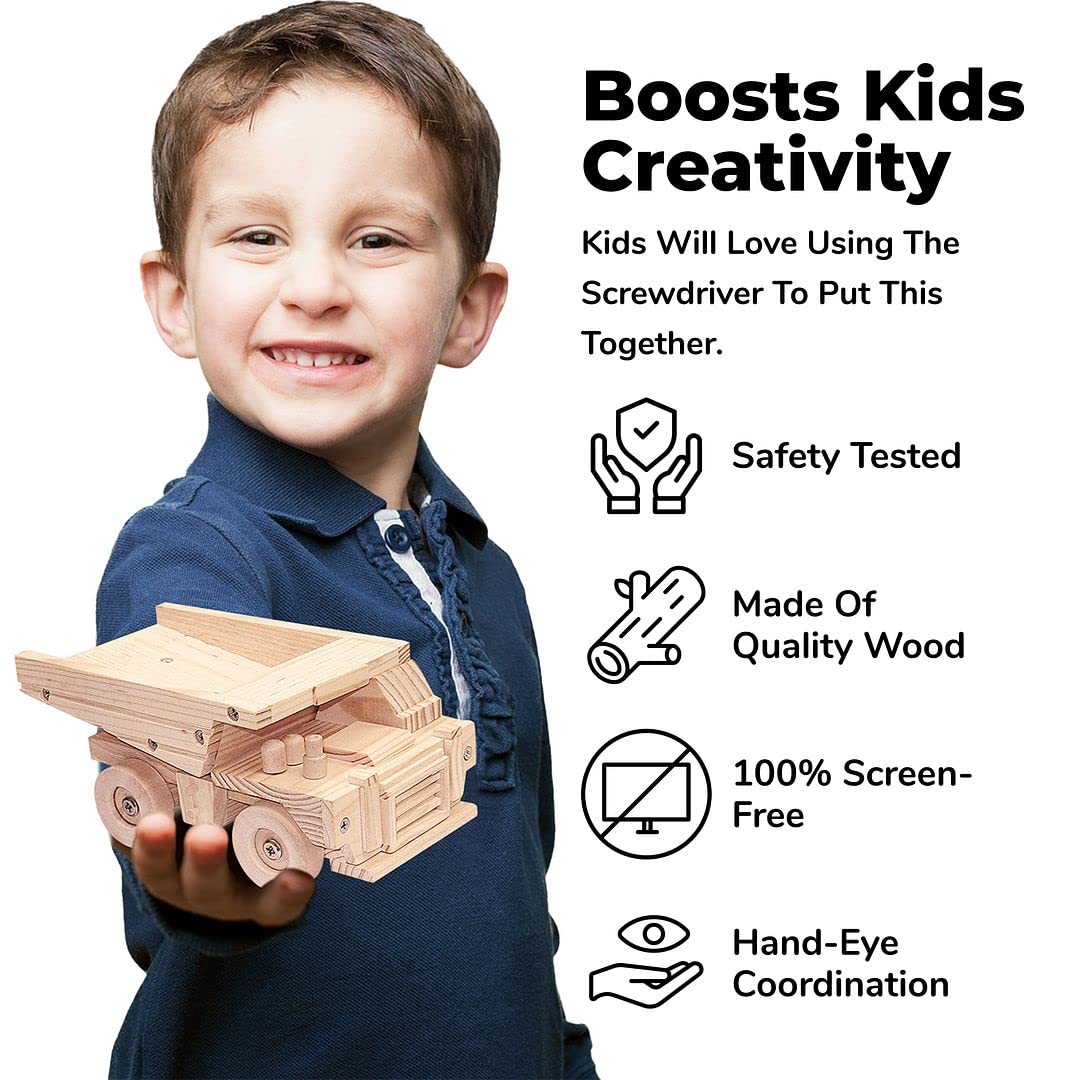 Kraftic Woodworking Building Kit for Kids and Adults, with 3 Educational DIY Carpentry Construction Wood Model Kit Toy Projects for Boys and Girls - Tow Truck, Birdhouse and Dump Truck