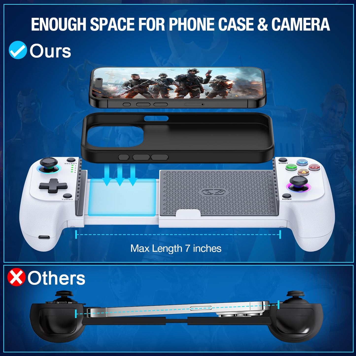Mocagen Phone Controller for iPhone/Android Support Phone Case, Mobile Controller with Led Light, Upgraded Joysticks, Turbo, Thumb Grips Handheld Gaming Gamepad