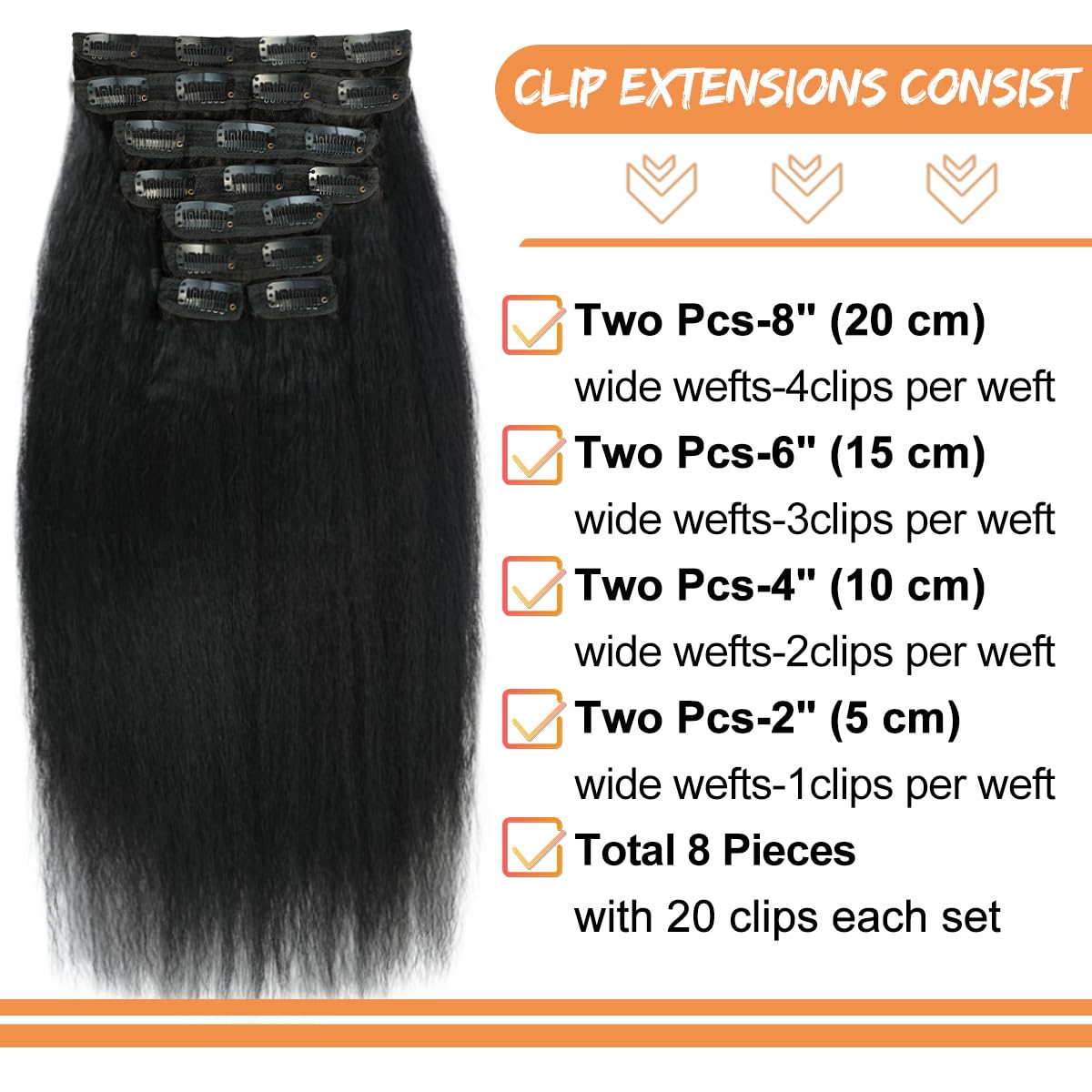 Kinky Straight Clip ins 18 Inch Clip in Hair Extensions Real Human Hair Yaki Straight Clip ins for Black Women Full Head Brazilian Remy Hair Extensions Double Weft 8Pcs 100g 20 Clips