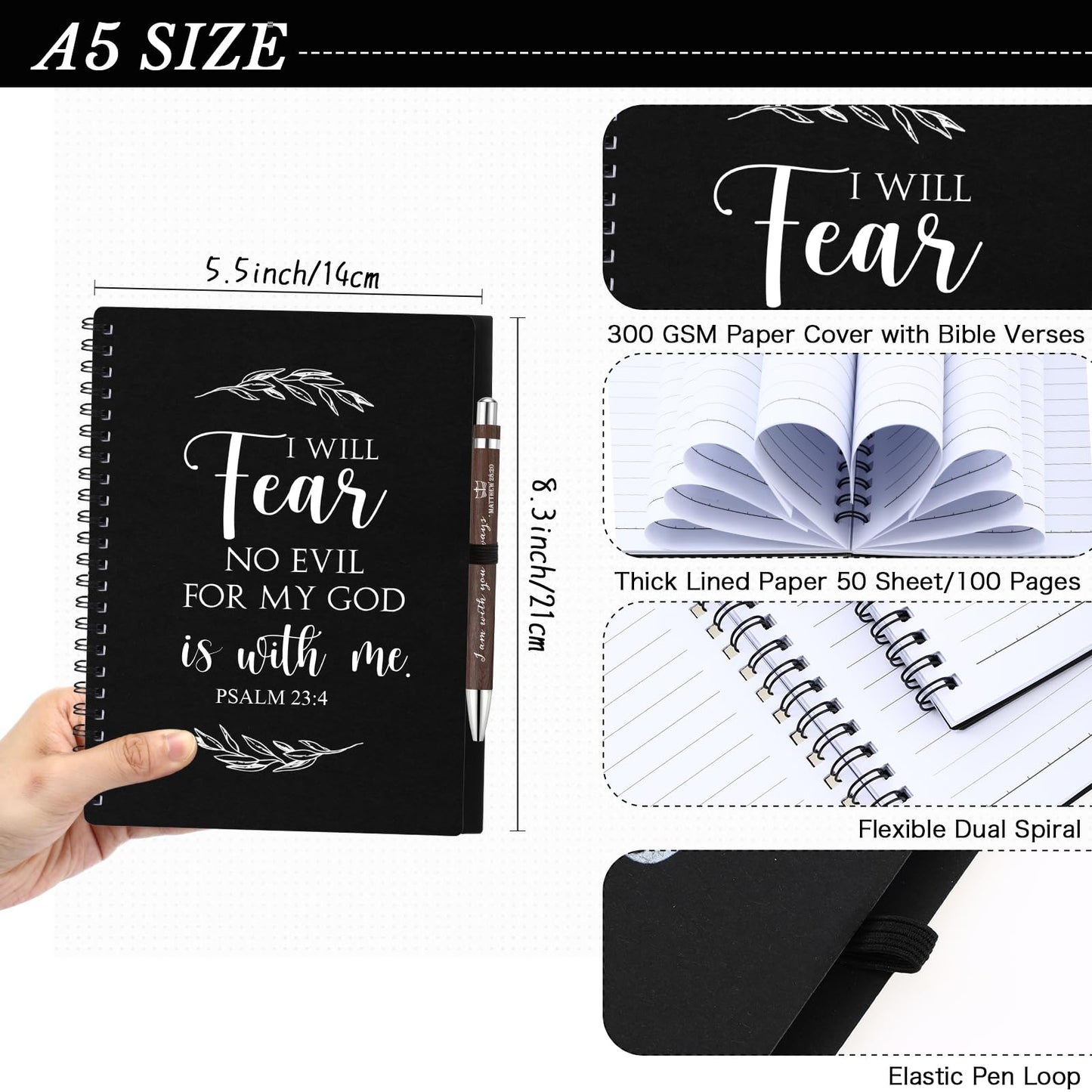 Kosiz 160 Pcs/ 80 Set Christian Gift Bulk A5 Spiral Notebook 5.5"x8.3" Christian Notebook Prayer Journal Bible Verse Ballpoint Pen Religious Christmas Church Gift for Women Sunday School Family (Black)
