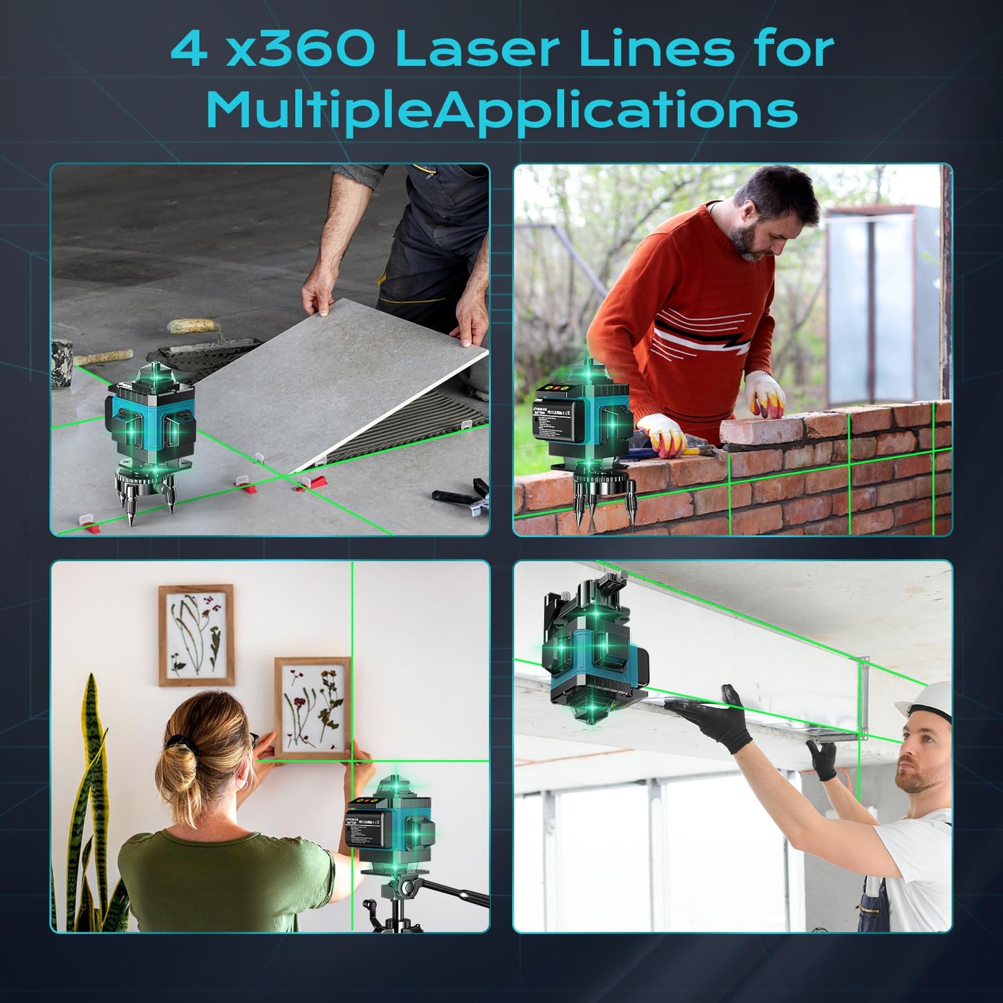 16 Line Laser Level 360 Self Leveling, 4x360°Professional 4D Green Cross Line laser Level with 2 Batteries, Adjustable Brightness & Remote Control, for Tiling Floor Construction and Picture Hanging