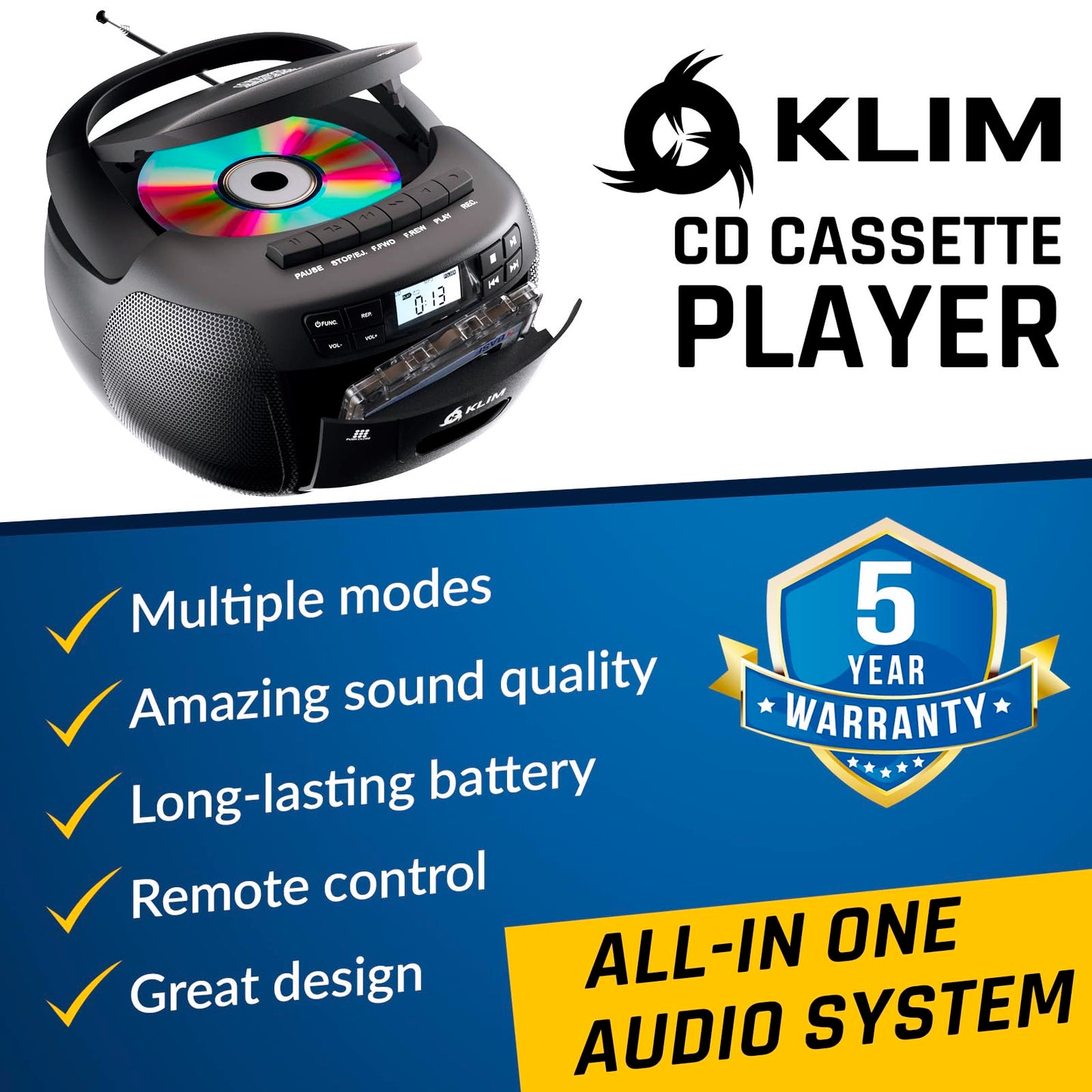 KLIM CD Player & Cassette Tape Player with Case, Bluetooth Boombox, AM/FM Radio, Stereo Sound, Remote, CD and Cassette Combo, Tape Recording, USB Drive, AUX, AC/DC Powered