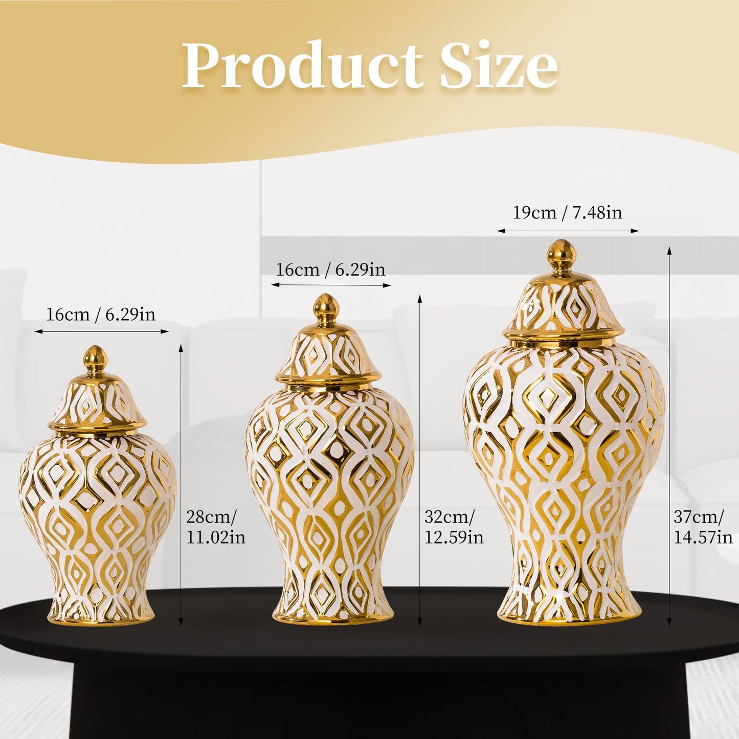 White and Gold Vase with Lid, Ginger Jars for Home Decor, Ceramic Flower Vase for Home, Kitchen, Bookshelf Decor, Storage jar, Table Center Vase, Centerpieces Jarrones(11in)