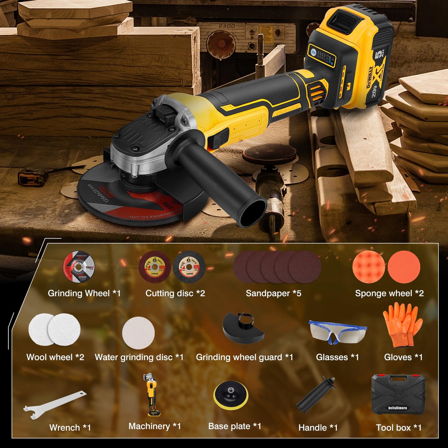 Angle Grinder Compatible with Dewalt 20V MAX Battery (Battery Not Included), Cordless Angle Grinder, 4-1/2" Blade, 4 Variable Speeds up to 7200 RPM, for Cutting, Grinding & Polishing