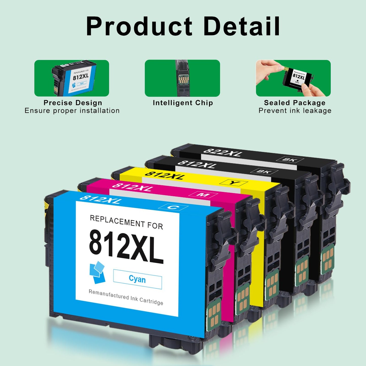 812XL Ink Cartridges Combo Pack (5 Pack) with Lastest Chip Remanufactured Replacement for Epson 812 812XL T812XL Ink Cartridges Work with Epson Workforce Pro WF-7840 WF-7820 WF-7310 EC-C7000 Printers