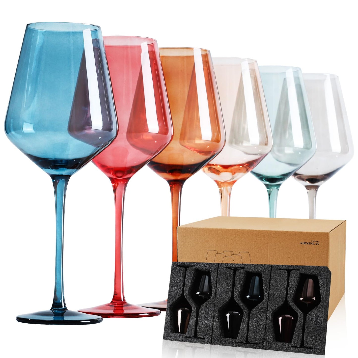 AIRXINLAY Colored Wine Glasses Set of 6-18.6oz, Colorful Wine Glasses by hand Blown Crystal,with Tall Long Stems for Party Home Bar Christmas Wedding gift set for wine lovers