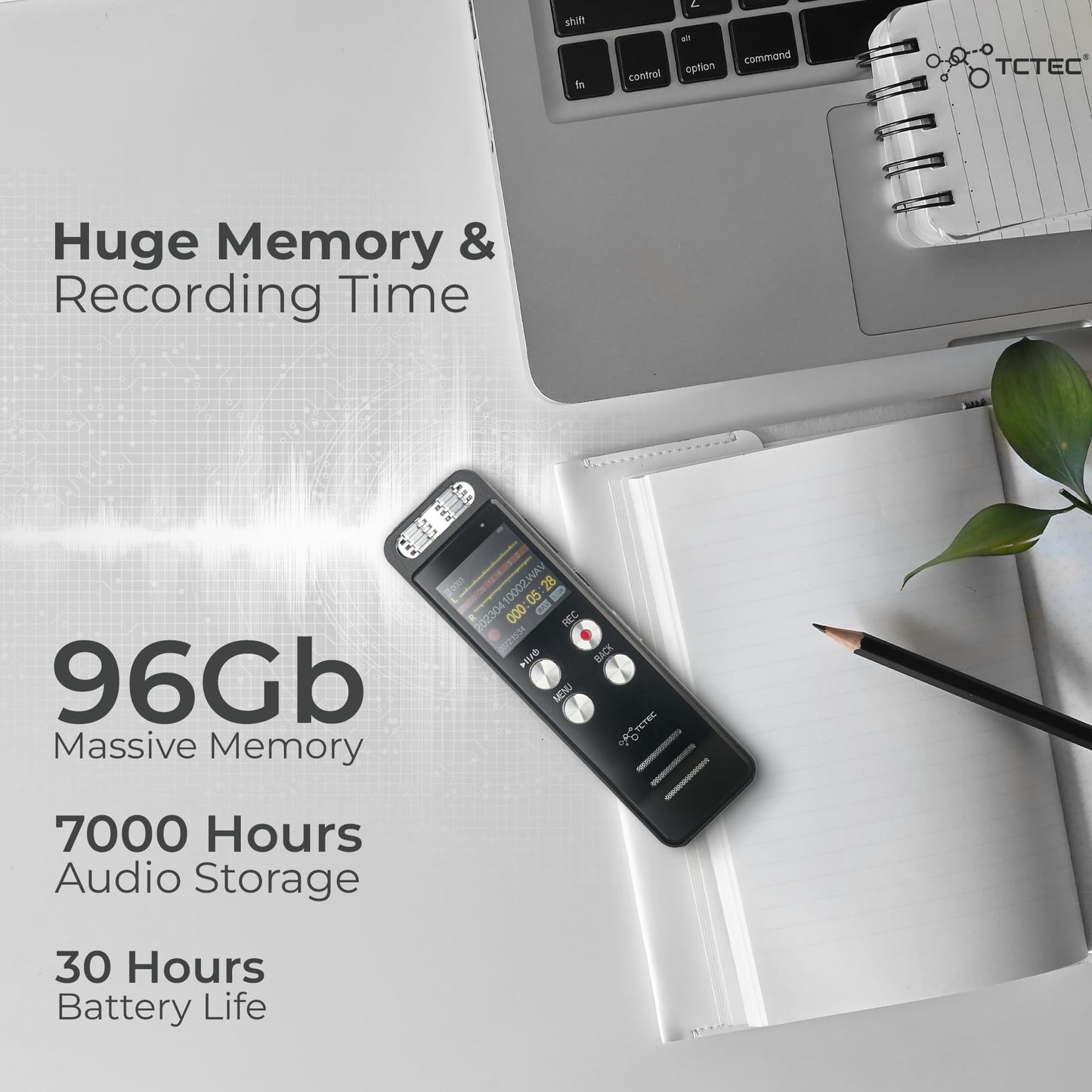 96GB TCTEC Digital Voice Recorder with 7000 Hours Recording Capacity, Audio Noise Reduction, Sound Tape Recorder with Playback, Clip-on Mic Dictaphone for Meeting, Lecture