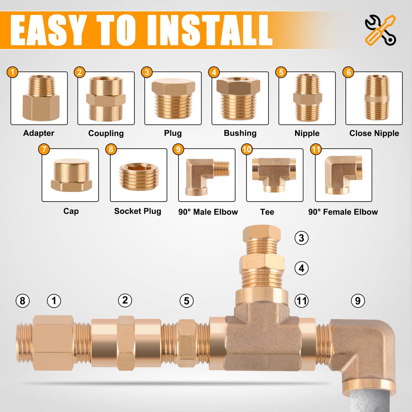 Ailbiuko 156PCS Brass Pipe Fittings Assortment Kit 1/8" 1/4" 3/8" 1/2" 3/4" NPT Adapter,Reducer Bushing, Hex Nipple, Reducing Hex Coupling,Hex Head Plugs,Street Elbow,Street Tee,Socket Plug