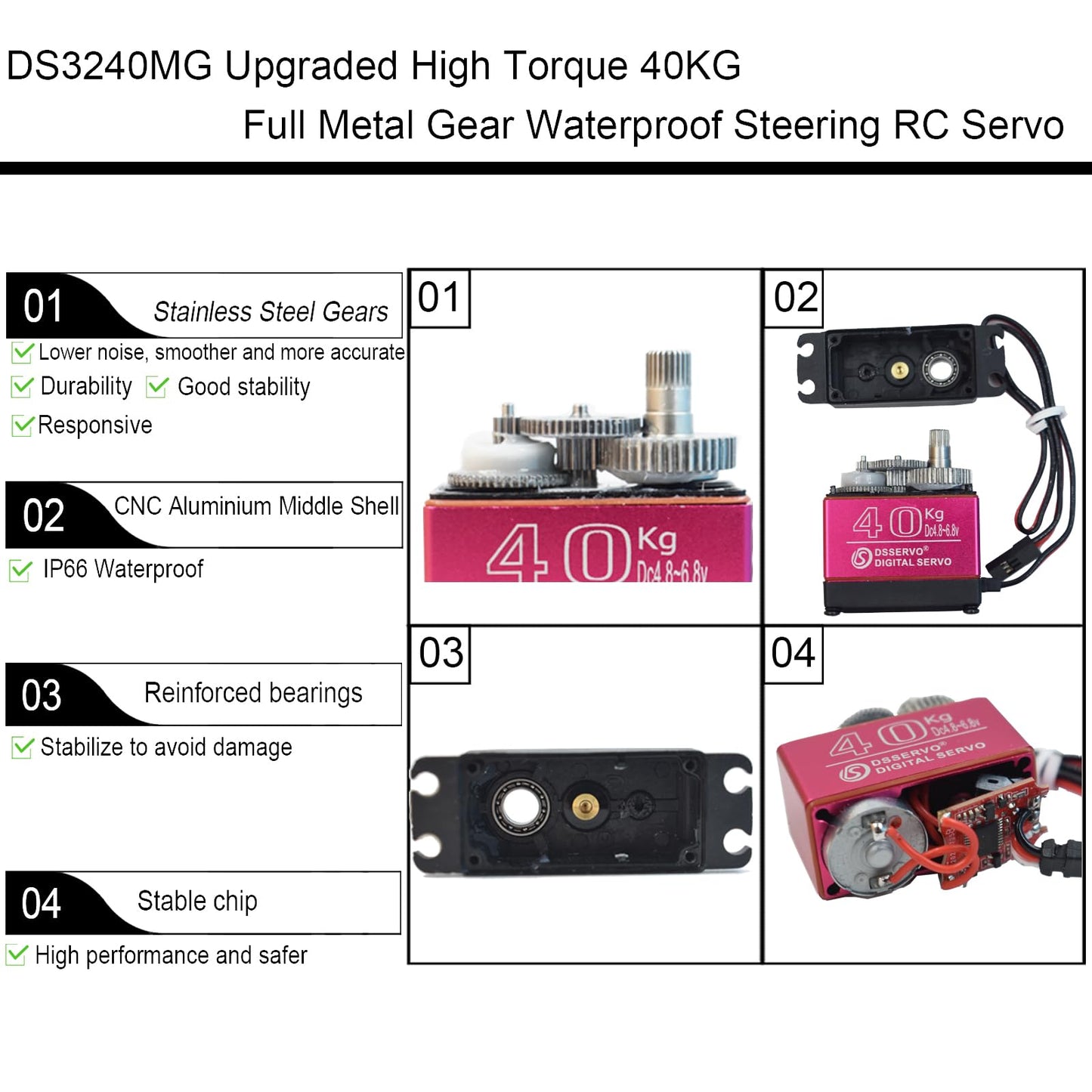 HOOYIJ 2Pack 40KG Digital RC Servo Waterproof DS3240MG High Torque Full Metal Gear Steering Servo Motor for 1/8 1/10 Scale RC Crawler Car Buggy Control Angle 270° 500us-2500us