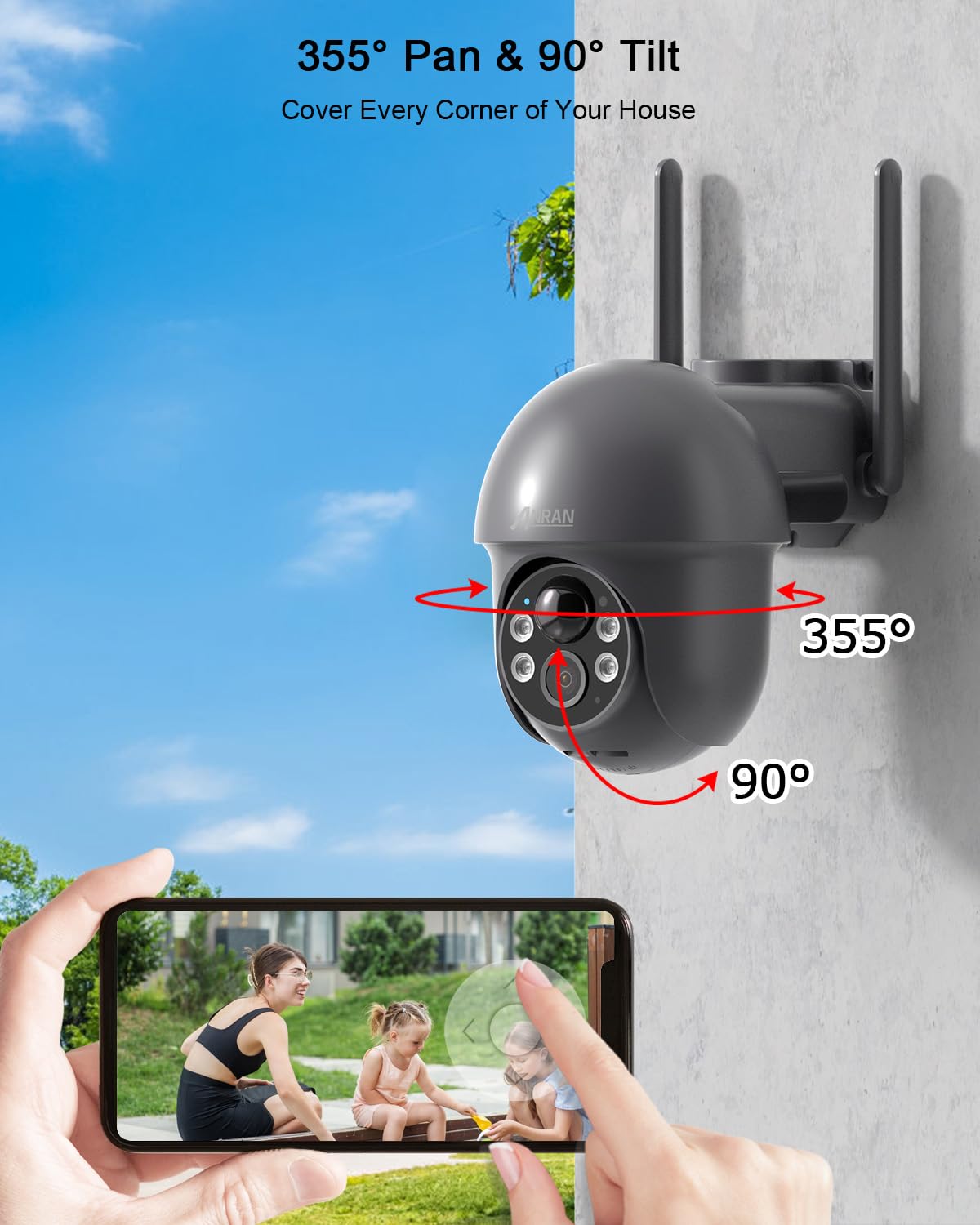ANRAN 3MP Security Camera Wireless Outdoor, 2K Solar Outdoor Camera with 360° View, Smart Siren, Spotlights, Color Night Vision, PIR Human Detection, Pan Tilt Control, 2-Way Talk, Q01 Grey 2 Packs