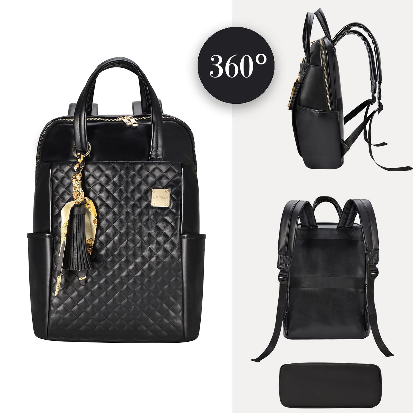 Kamlui Laptop Backpack for Women Slim Travel - Laptop Bag Computer Case Fit up to 15.6-inch Notebook Lightweight Medium Size Purse for Work Bookbag Business Fashion Stylish PU Leather Black