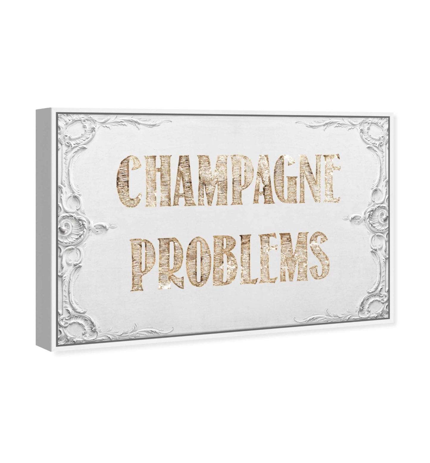 The Oliver Gal Artist Co. Typography Framed Wall Art Canvas Prints 'Champagne Problems' Quotes and Sayings Home Décor, 15" x 10", Gold, White