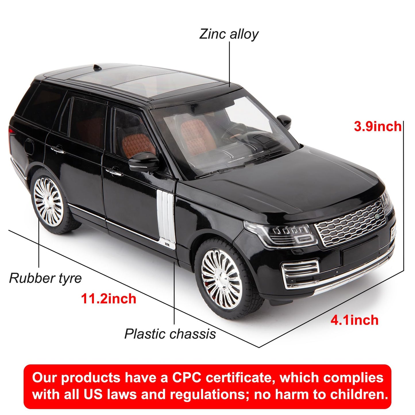 1/18 Scale Compatible for Land Rover Model Car,Zinc Alloy Pull Back Toy Diecast Car with Sound and Light,SUV Off-Road Vehicle,Children's Toy car ,Gifts for Boys and Girls Black