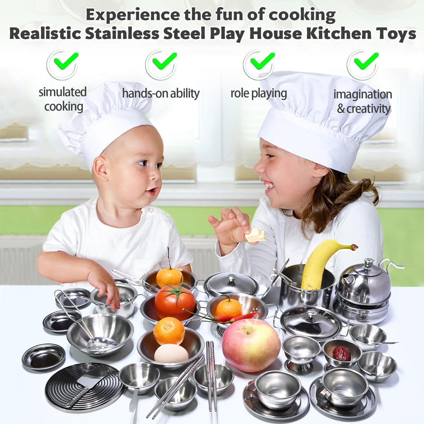 Mini Size Kids Kitchen Pretend Play Toys Accessories with Stainless Steel Cookware Pots and Pans Set,Classic Kitchen Accessories Cooking Utensils Set Tiny Role Play Cooking Play Toy for Kids Toddlers