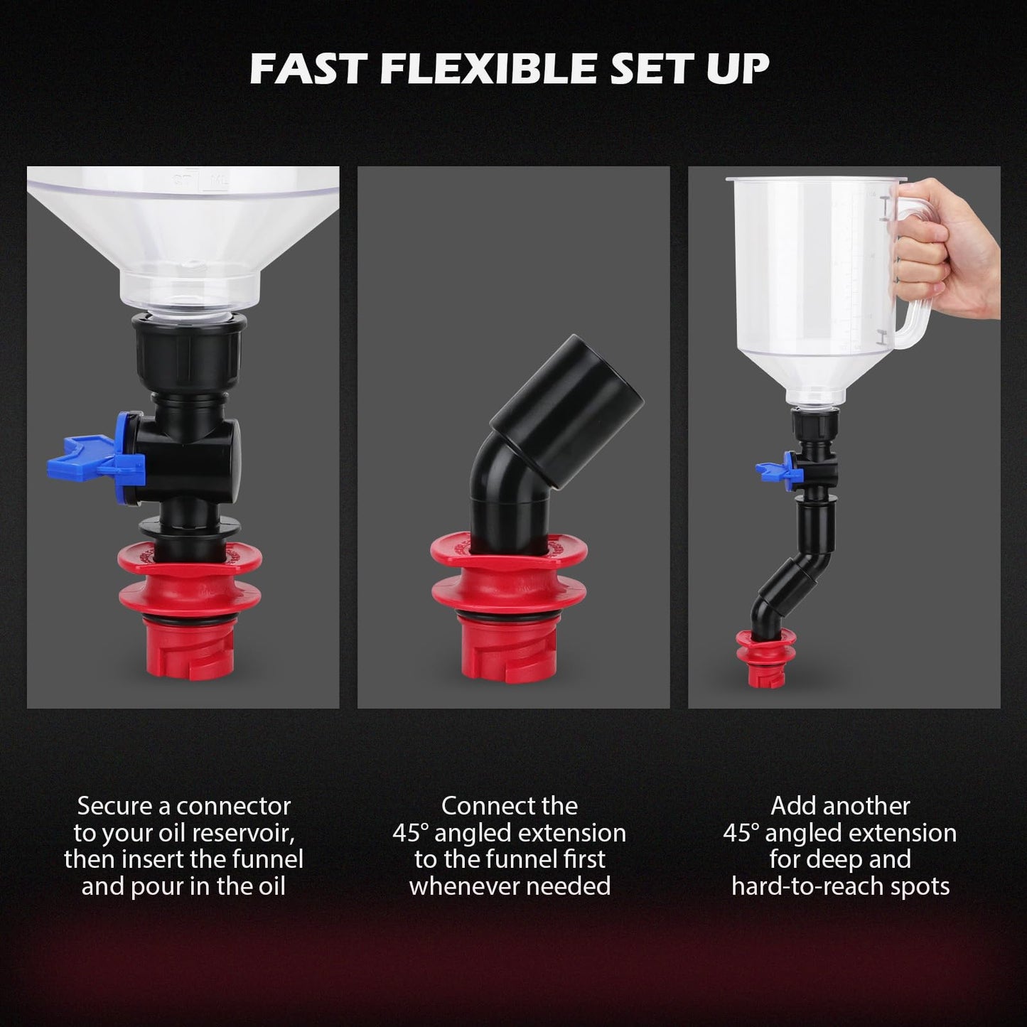18-Piece Engine Oil Funnel Set, 1.59QT/1.5L Automotive Oil Funnel Kit with 12 Adapters, Elbow Fitting, Arrow Screen and Magnetic Storage Hooks Tray, Compatible with GM, Ford, BMW, Audi, Land Rover Etc