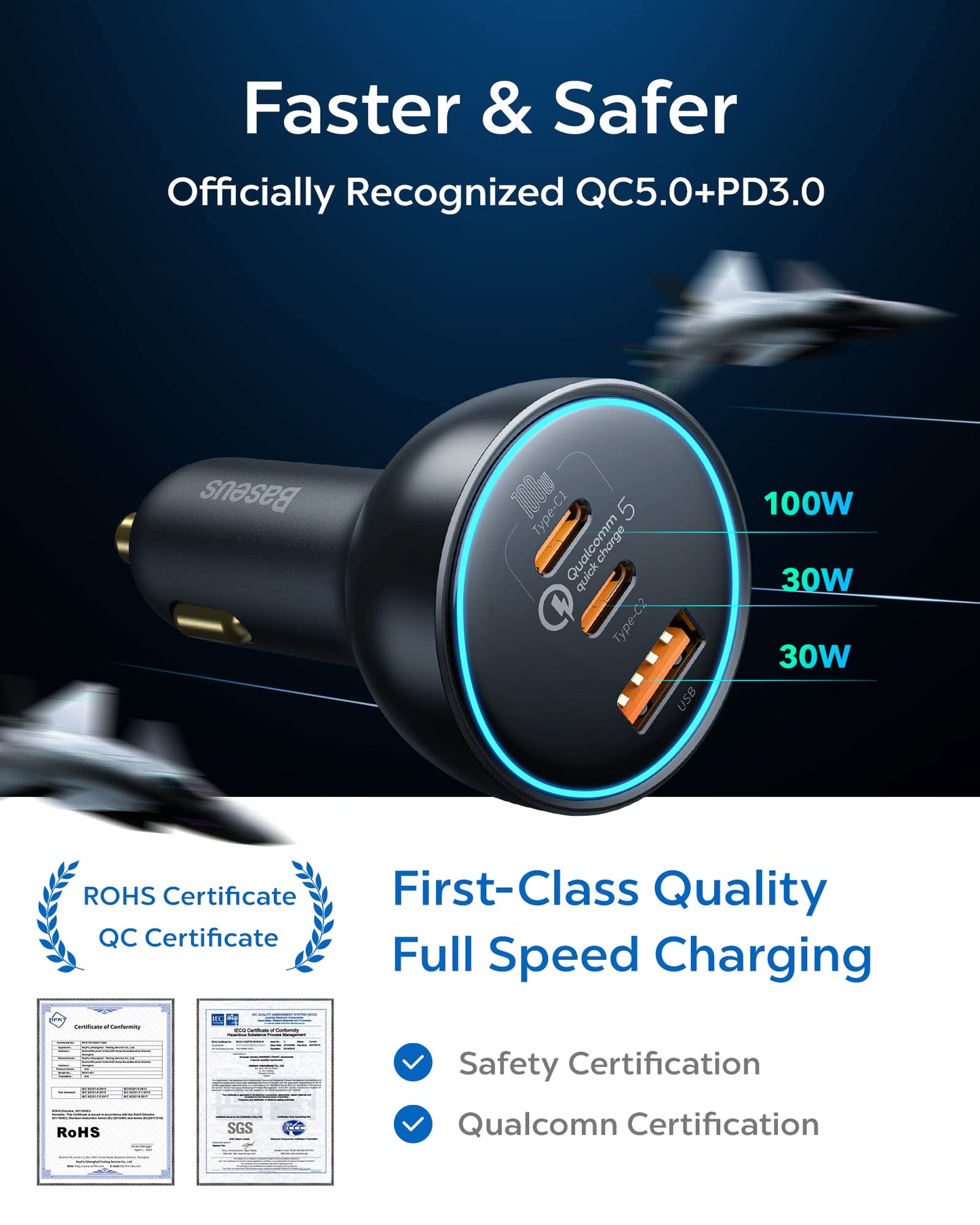 160W USB C Car Charger, Baseus Type C Car Charger, QC5.0 PD3.0 PPS 3 Ports Super Fast Charging Car Phone Charger Adapter for iPhone 15 14 13 Pro, Samsung S22 iPad MacBook Pro