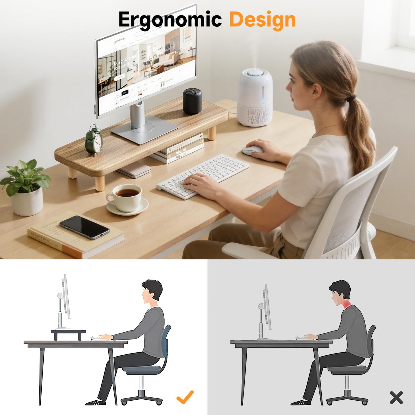 NestNeat Monitor Stand Riser, 24 Inch Wood Desk Organizer with Monitor Stand & Storage Computer Monitor and Laptop Riser Multifunctional Laptop Stand Desk Organizer for Office Home Screen/Laptop/PC (Light Walnut)