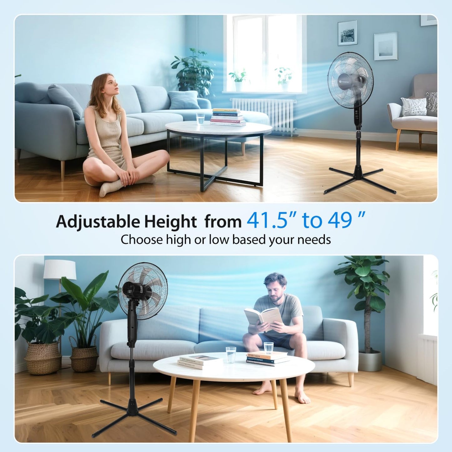Aigostar 7-Blade Pedestal Fan Oscillating with Remote, 16" Standing Fan for Bedroom, 9H Timer, 3 Speeds, 3 Modes, Adjustable Height and Tilt, Floor Fan for Living Room, Kitchen, Home, and Office