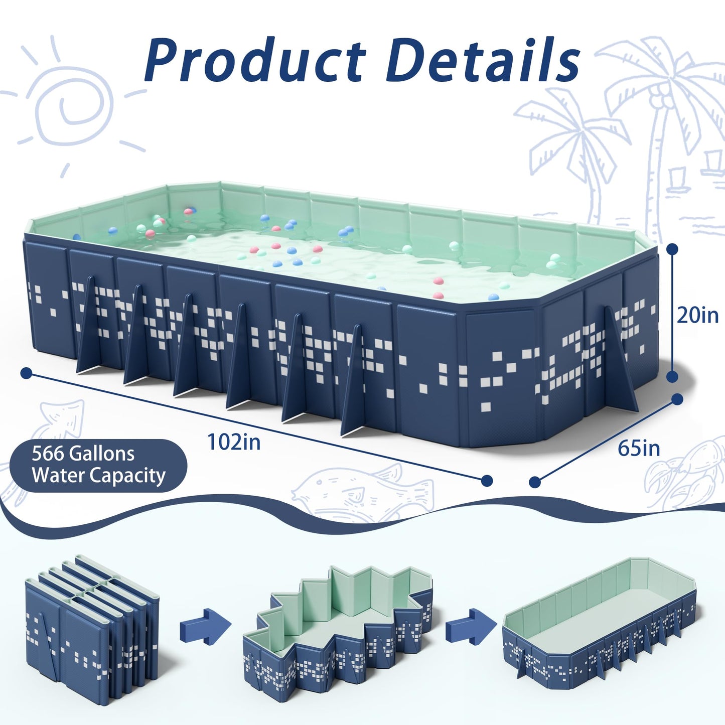 102" Large Non-Inflatable Swimming Pool for Family,Foldable Pools with 14 Triangle Bracket,Hard Plastic Shell Adult Collapsible Pool,Portable Folding Kids Pools for Backyard102*65 * 20in (Blue Star)